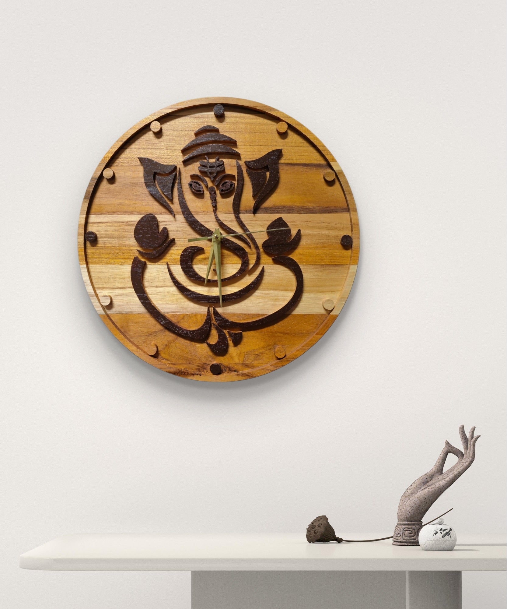 Timeless Blessings – Ganesh-Centered Wooden Wall Clock