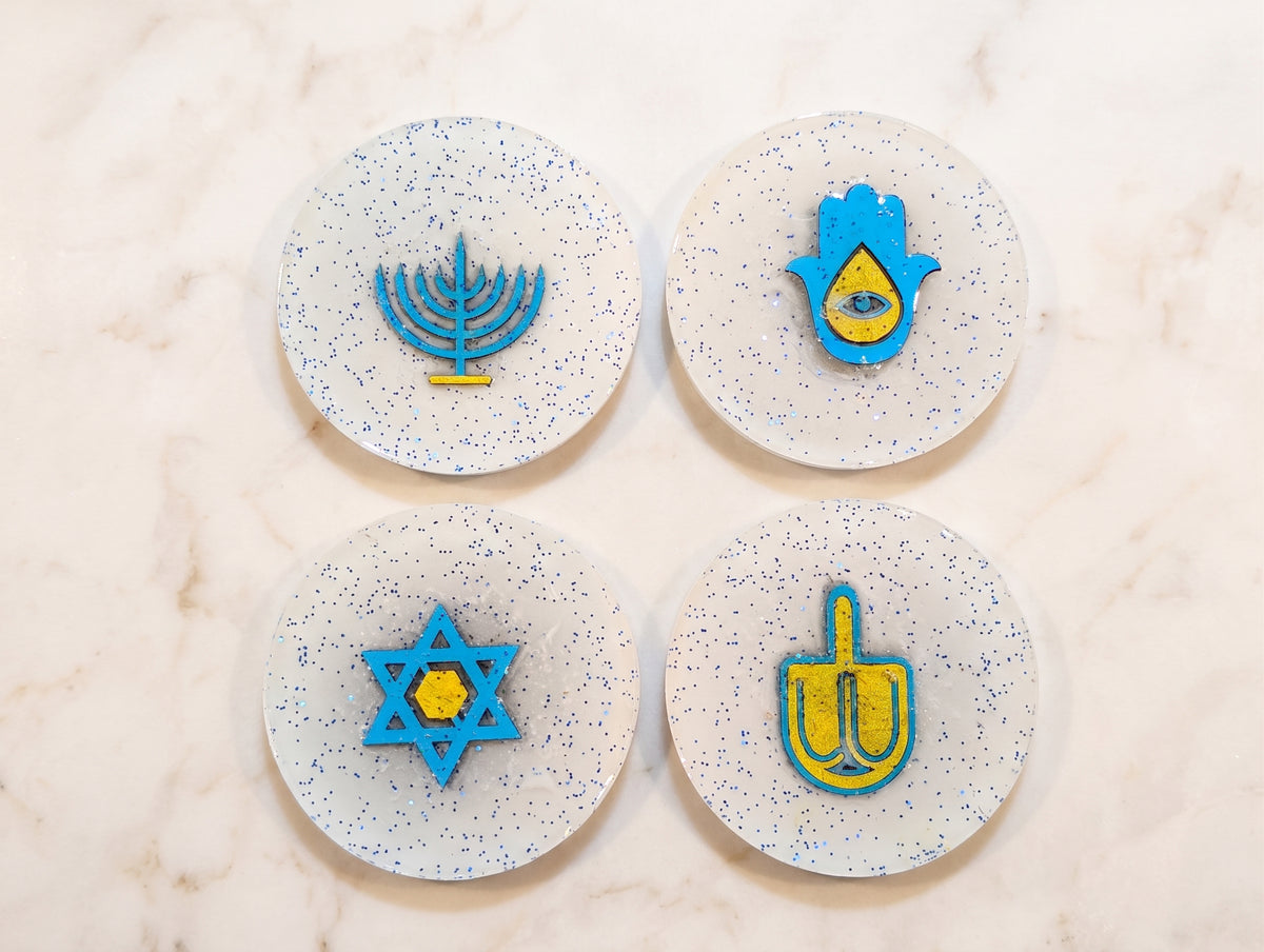 Handmade Jewish Symbolic Resin Coasters – Set of 4 | Hanukkah Decor, Judaica Gift & Holiday Tableware