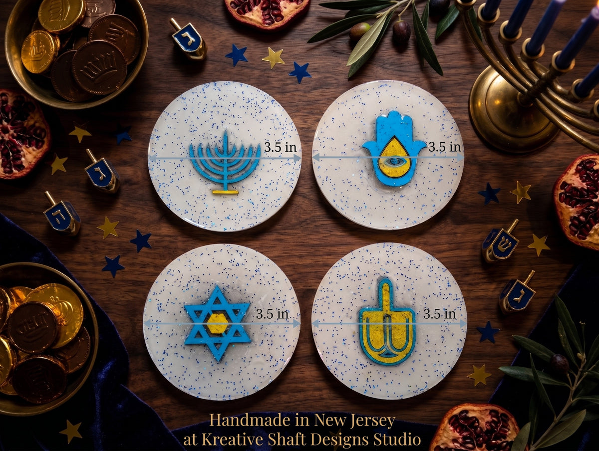 Handmade Jewish Symbolic Resin Coasters – Set of 4 | Hanukkah Decor, Judaica Gift & Holiday Tableware