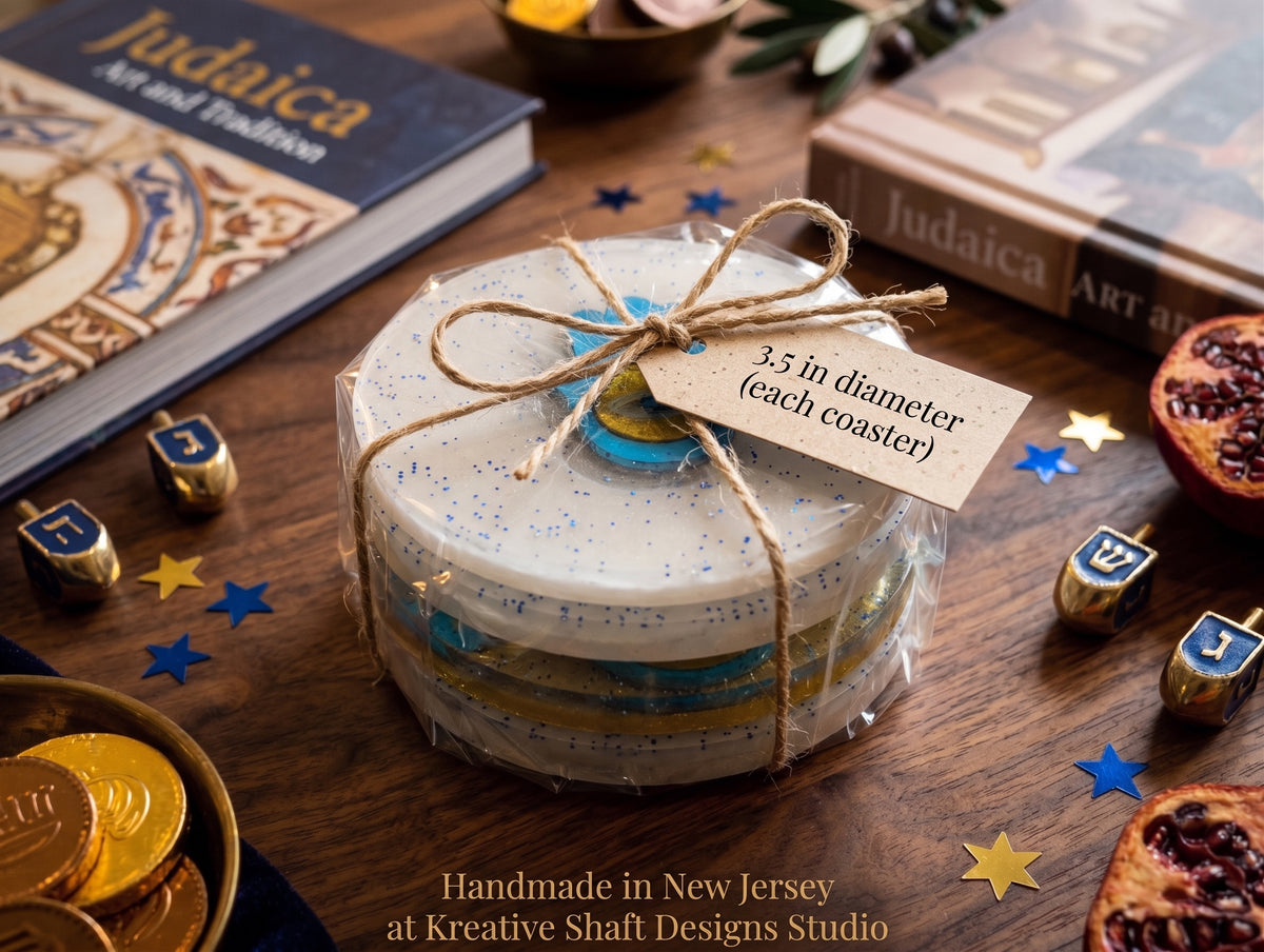 Handmade Jewish Symbolic Resin Coasters – Set of 4 | Hanukkah Decor, Judaica Gift & Holiday Tableware