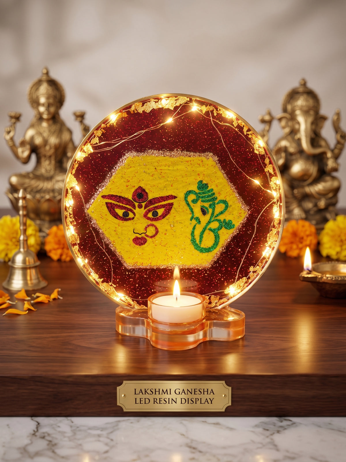Light-Up Lakshmi Ganesha Epoxy Resin Display | LED Mandir Decor