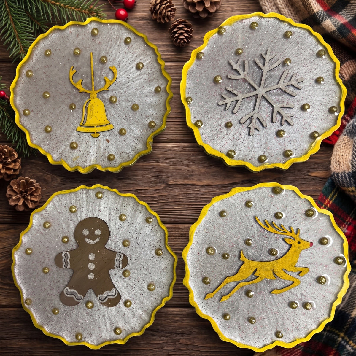 Handcrafted Christmas Themed Resin & Wooden Inlay Coaster Set (Set of 4)