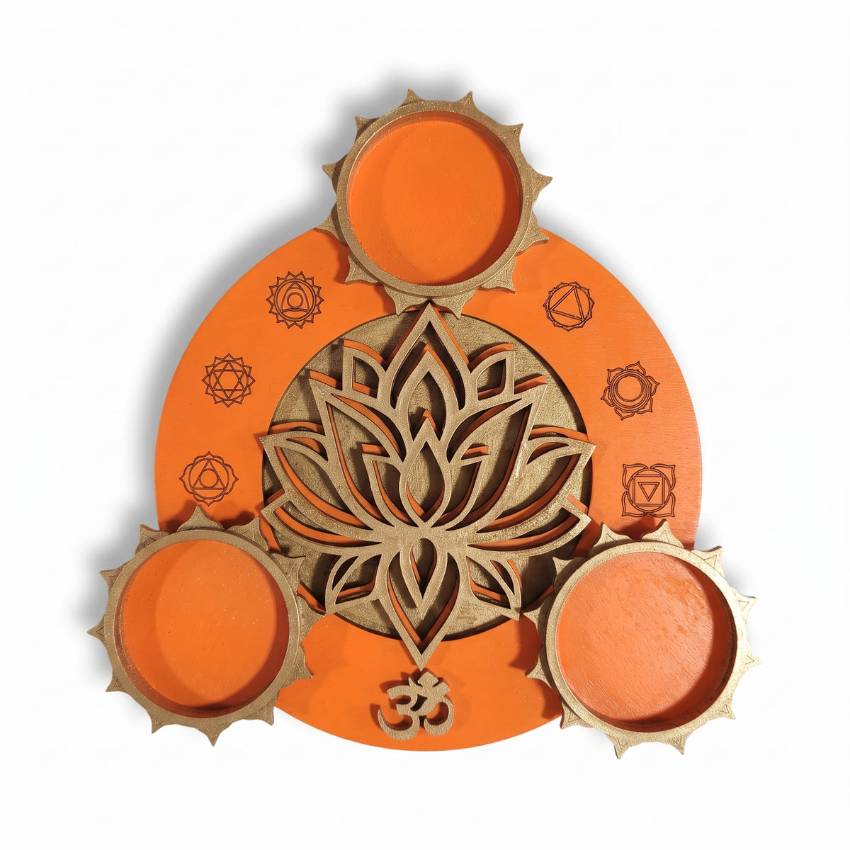 Handmade Wooden Diwali 3-Tealight Holder - Lotus & OM Mandala, Orange & Gold
