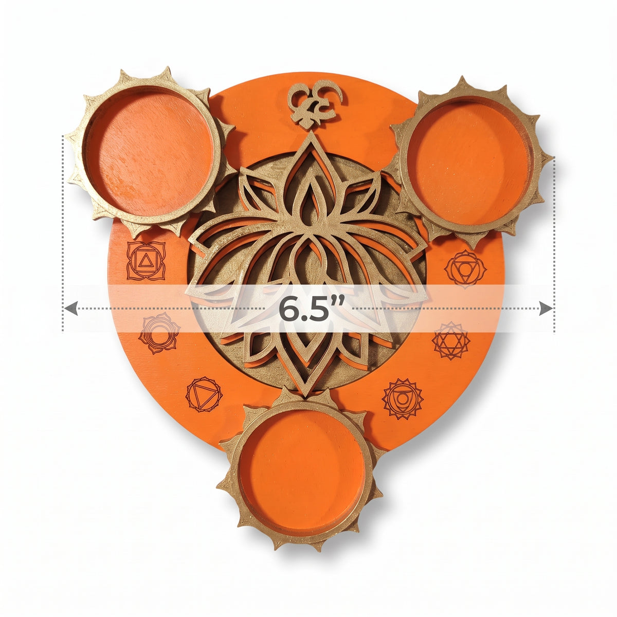 Handmade Wooden Diwali 3-Tealight Holder - Lotus & OM Mandala, Orange & Gold