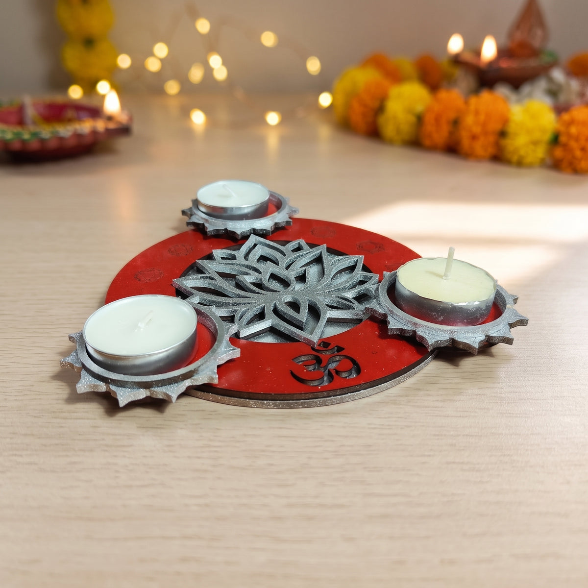 Handmade Wooden Diwali 3-Tealight Holder - Lotus & OM Mandala, Orange & Gold