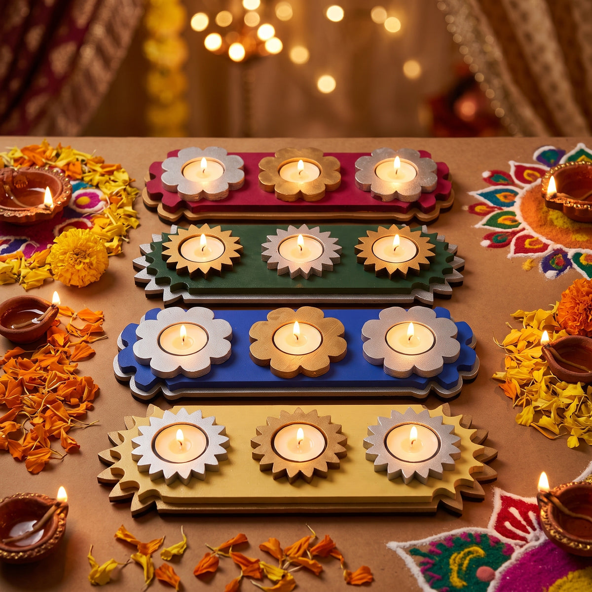 Handcrafted Diwali Tea-Light Holder Set of 4 – Vibrant Floral Table Decor (11" x 2.5")