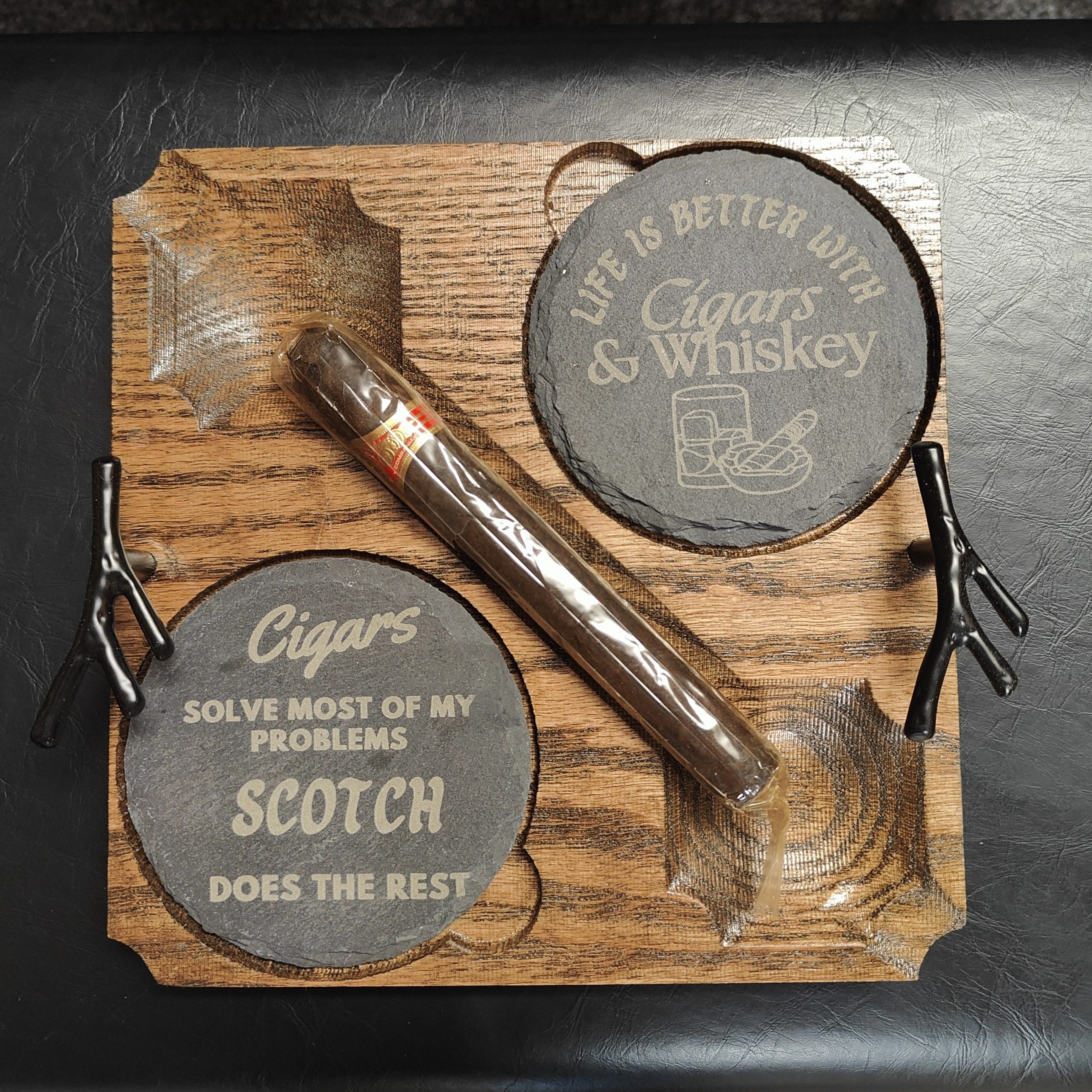 Artisan Cigar & Whisky Pairing Tray – Dual Glass Holder and Cigar Rests