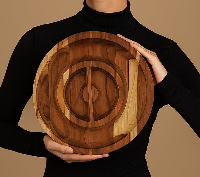 Artisan Round Wooden Serving Tray – 15in Board with Circular Rim and Semi‑Circle Compartments