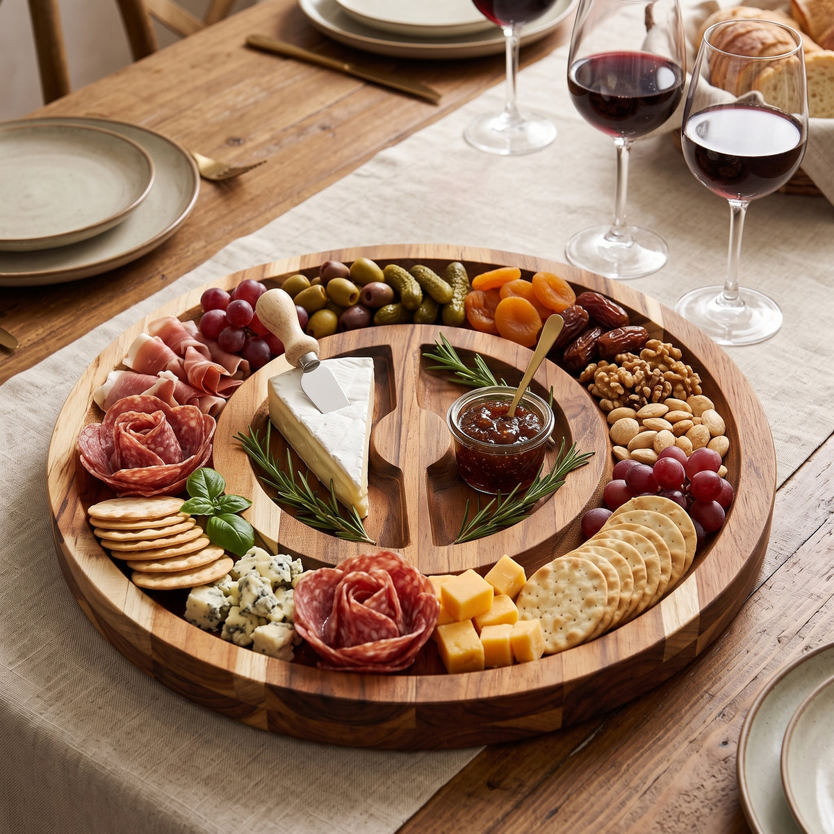 Artisan Round Wooden Serving Tray – 15in Board with Circular Rim and Semi‑Circle Compartments