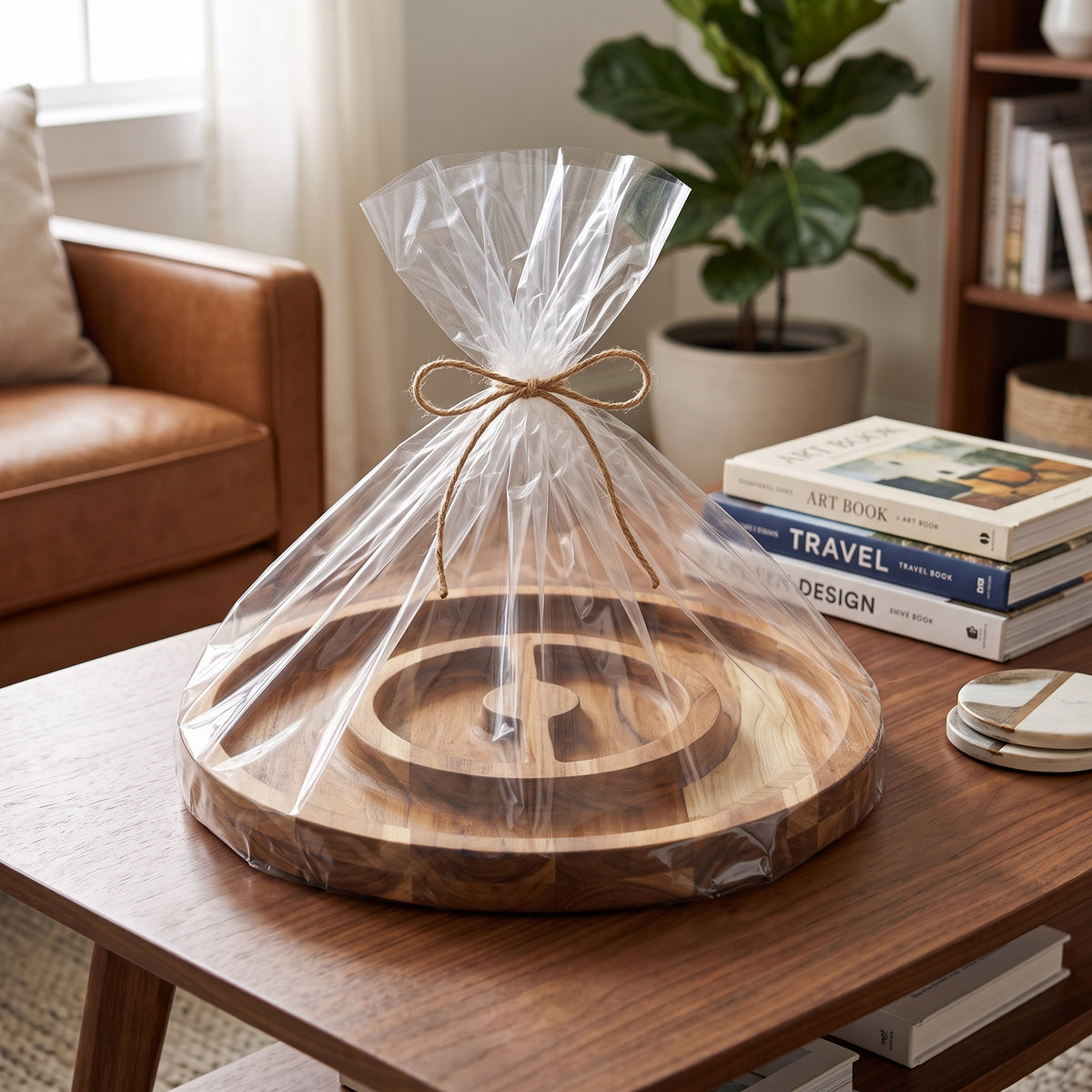 Artisan Round Wooden Serving Tray – 15in Board with Circular Rim and Semi‑Circle Compartments