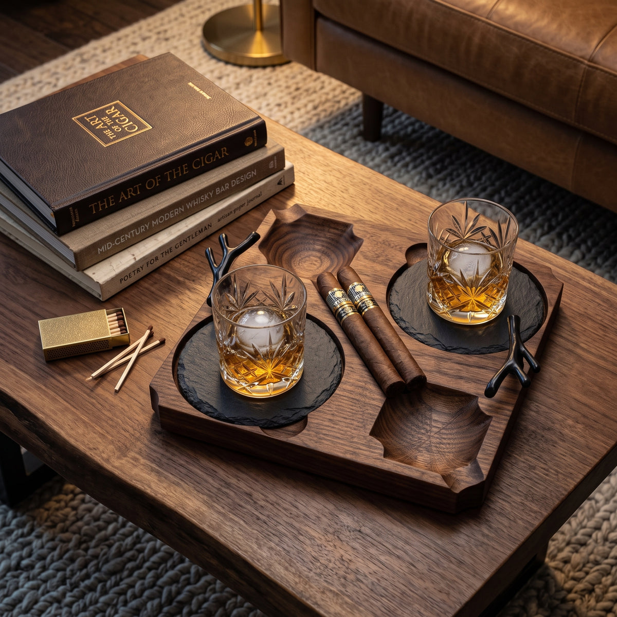 Artisan Cigar & Whisky Pairing Tray – Dual Glass Holder and Cigar Rests