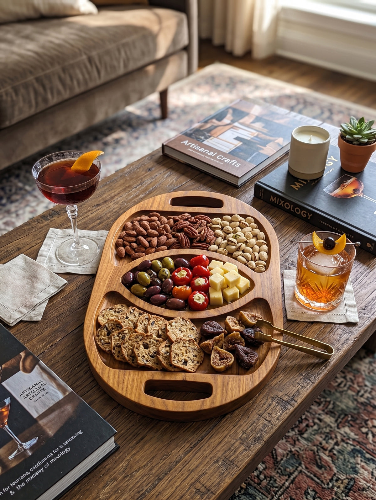 Artisan Hardwood 3‑Part Oval Tray – Multi‑Compartment Snack & Appetizer Server