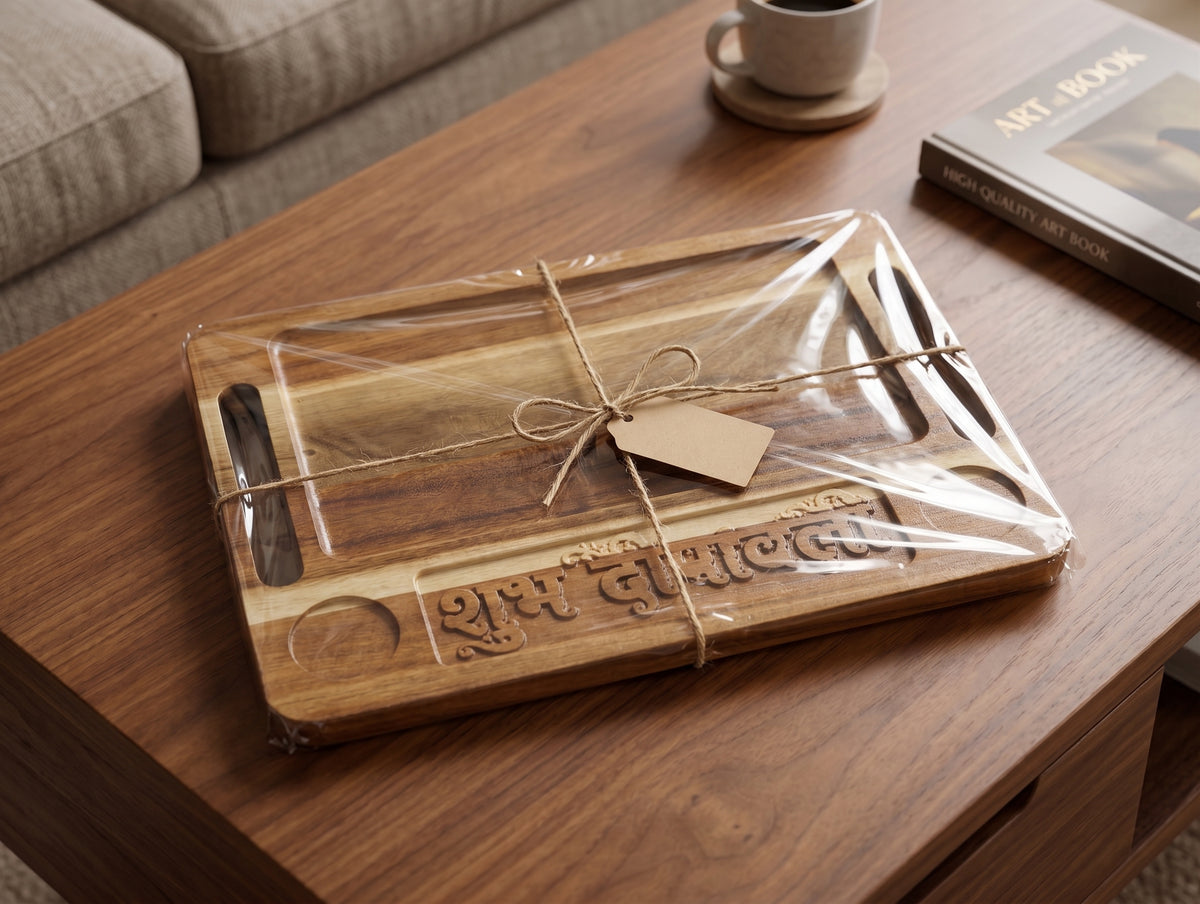 Artisan Hardwood Tray with ‘Shubh Deepawali’ Carving – Perfect for Festive Diwali Delicacies