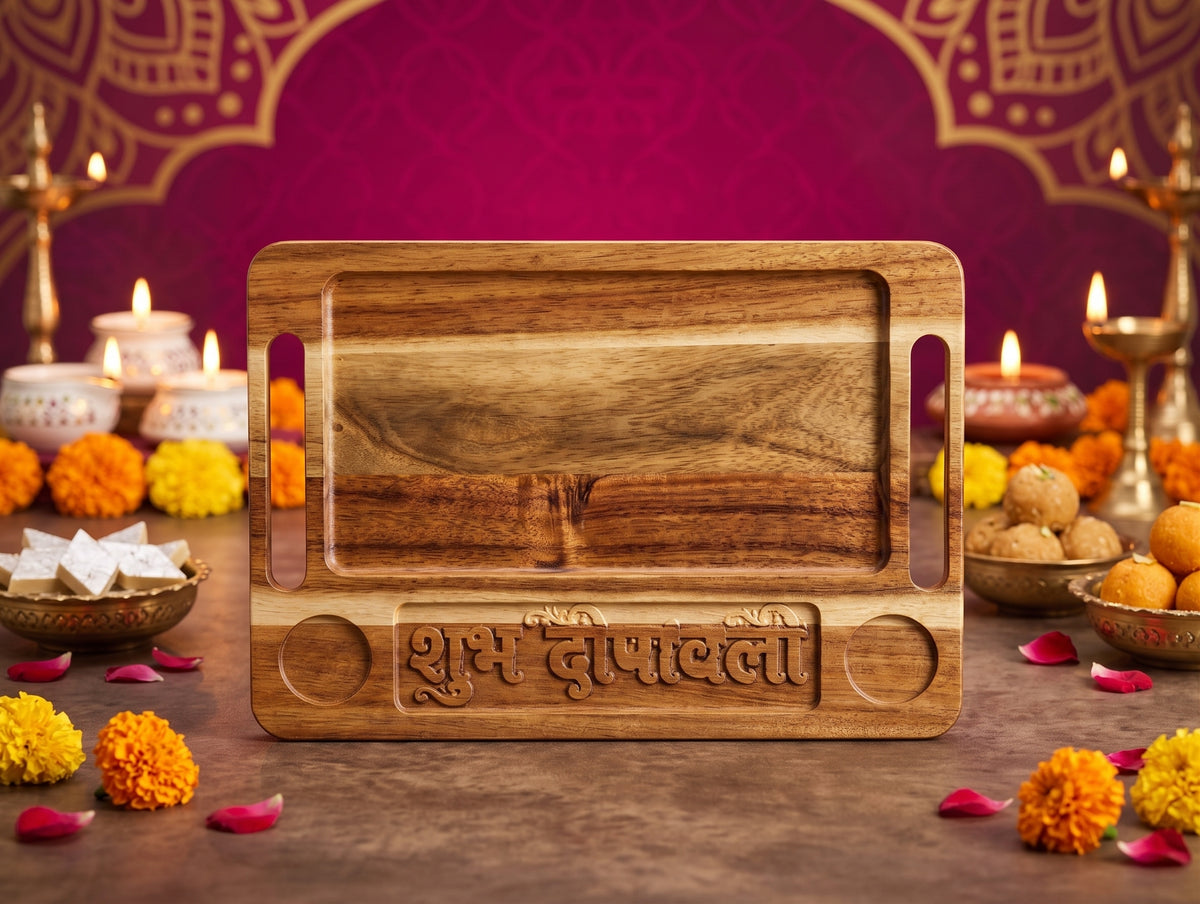 Artisan Hardwood Tray with ‘Shubh Deepawali’ Carving – Perfect for Festive Diwali Delicacies