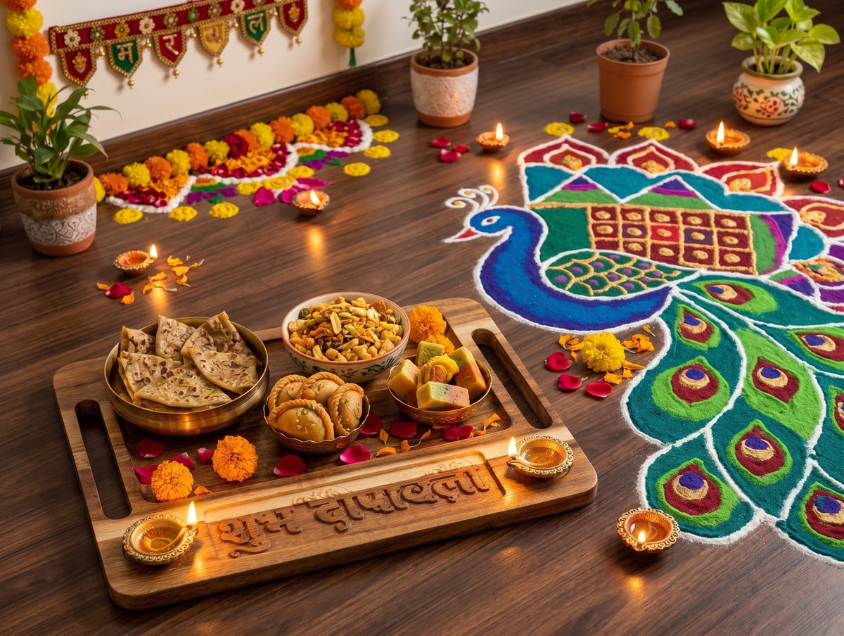 Artisan Hardwood Tray with ‘Shubh Deepawali’ Carving – Perfect for Festive Diwali Delicacies