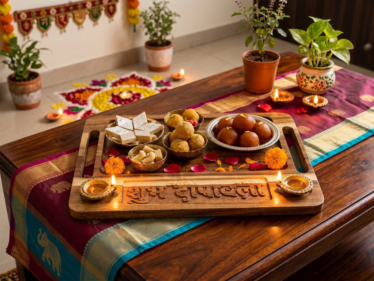 Artisan Hardwood Tray with ‘Shubh Deepawali’ Carving – Perfect for Festive Diwali Delicacies