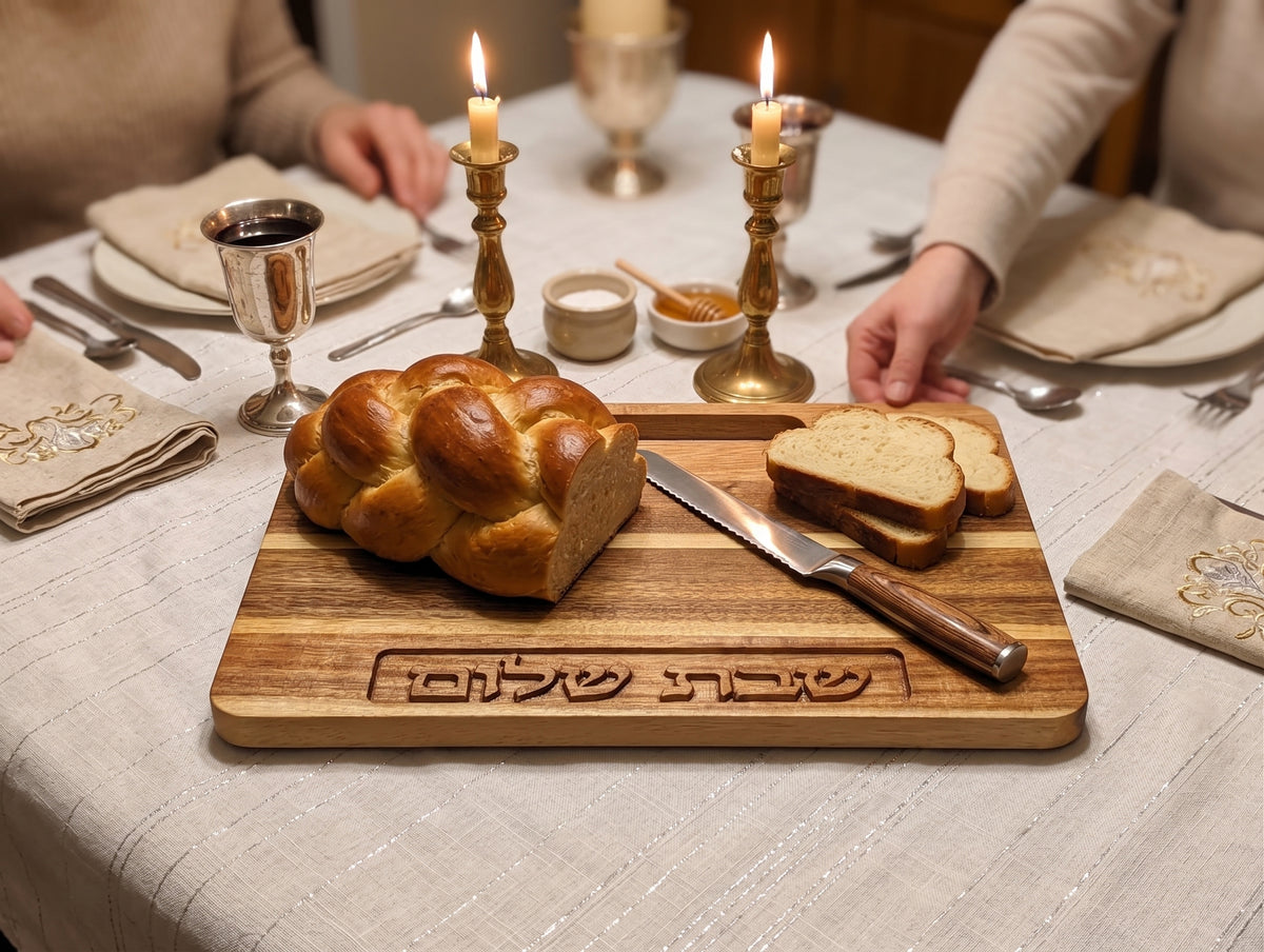 Elegant Wooden Challah Board with Handle – Carved ‘Shabbat Shalom’ Hebrew Design