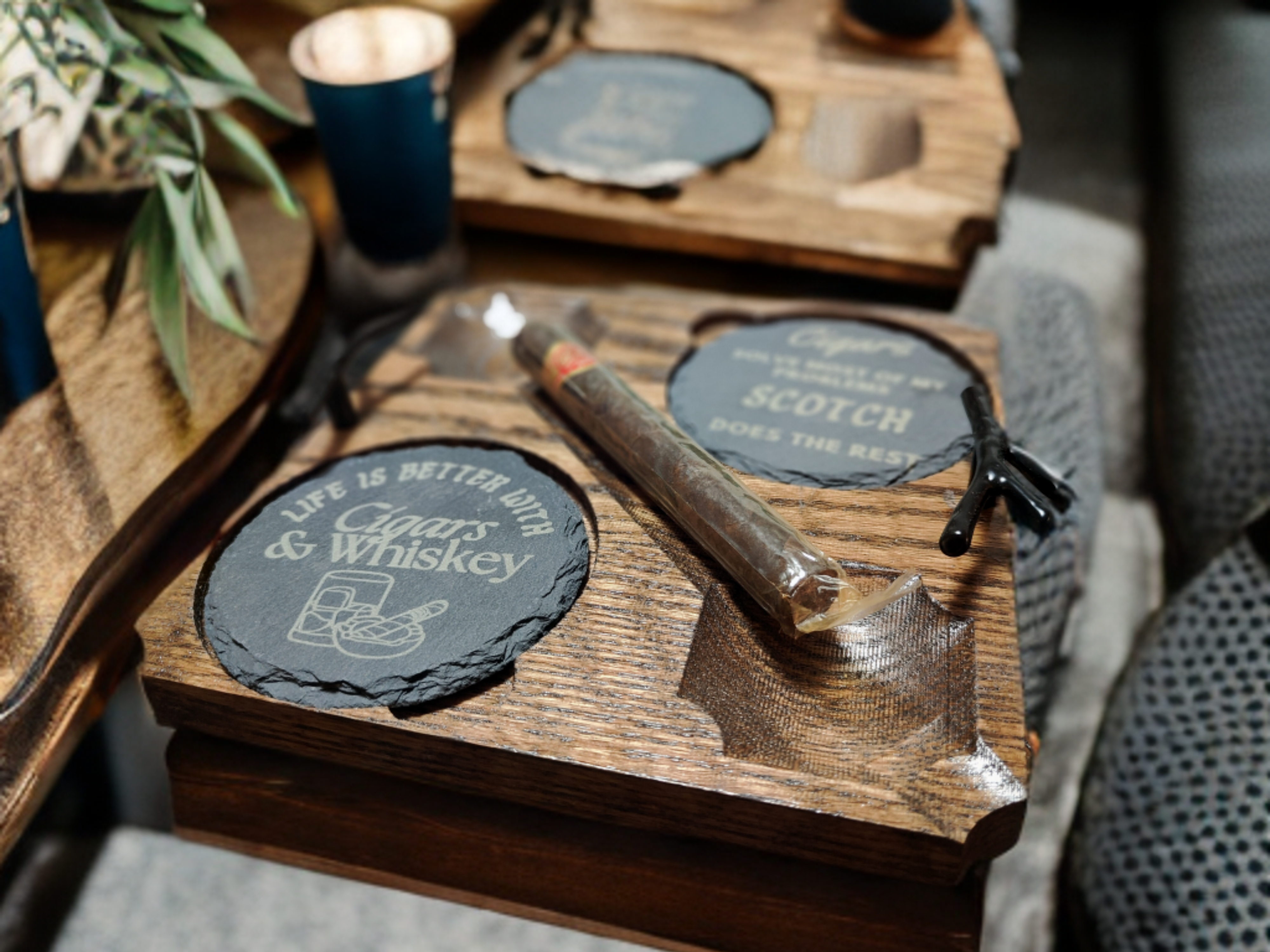 Artisan Cigar & Whisky Pairing Tray – Dual Glass Holder and Cigar Rests