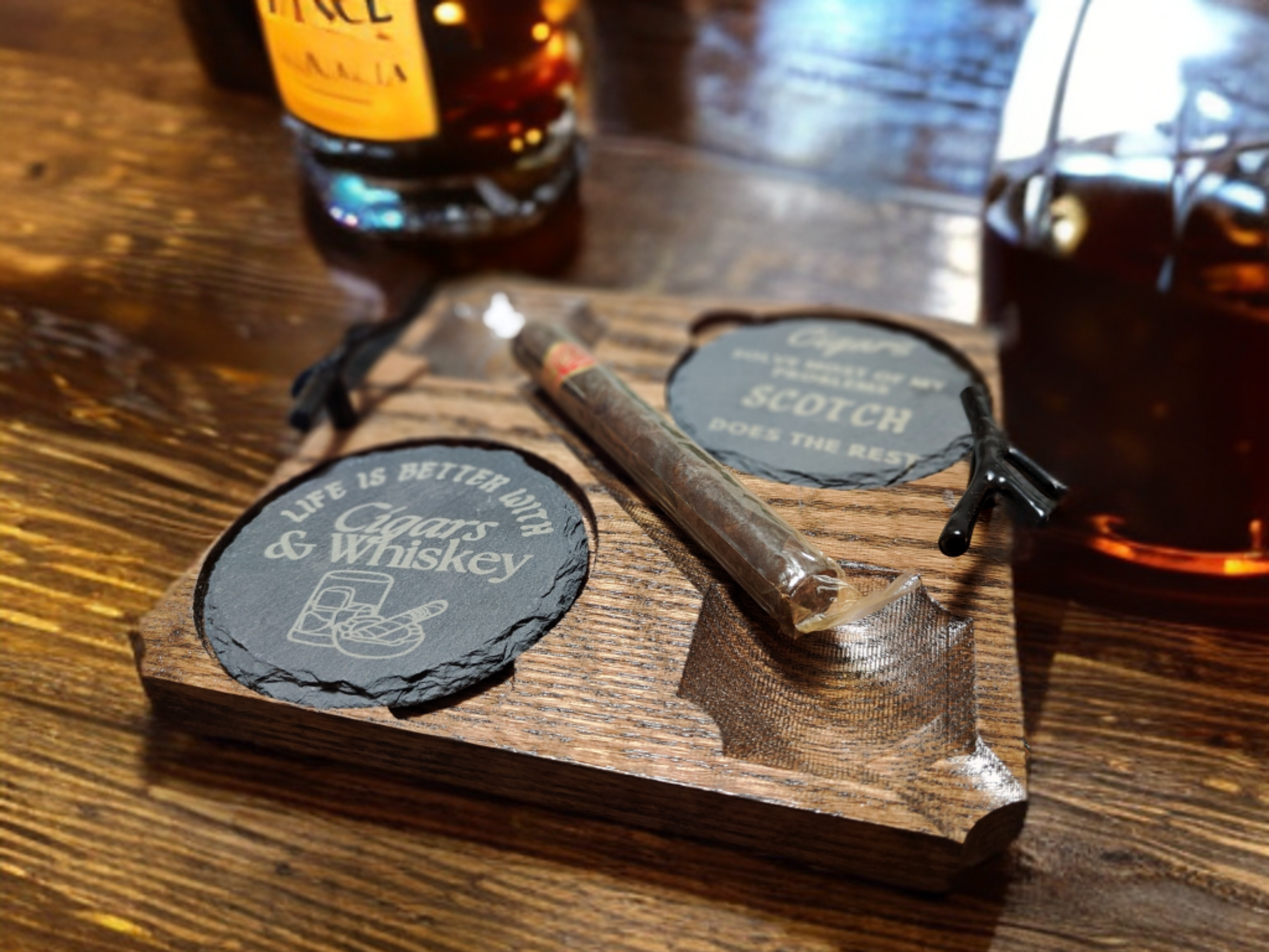 Artisan Cigar & Whisky Pairing Tray – Dual Glass Holder and Cigar Rests