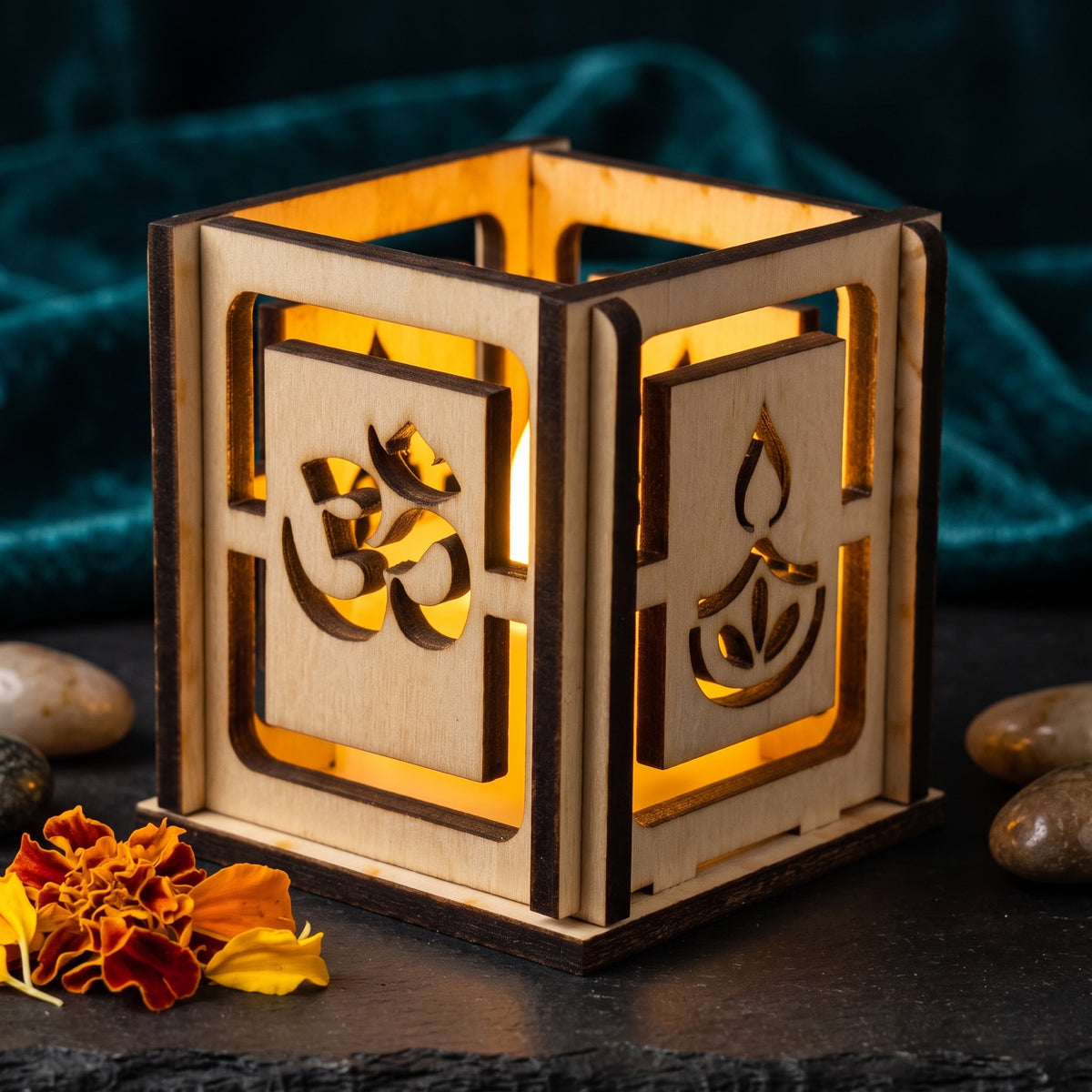 Handcrafted Diwali Tea Light Box – 2-Inch Wooden Cube with Spiritual Designs