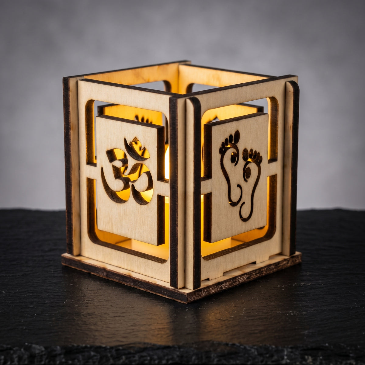 Handcrafted Diwali Tea Light Box – 2-Inch Wooden Cube with Spiritual Designs