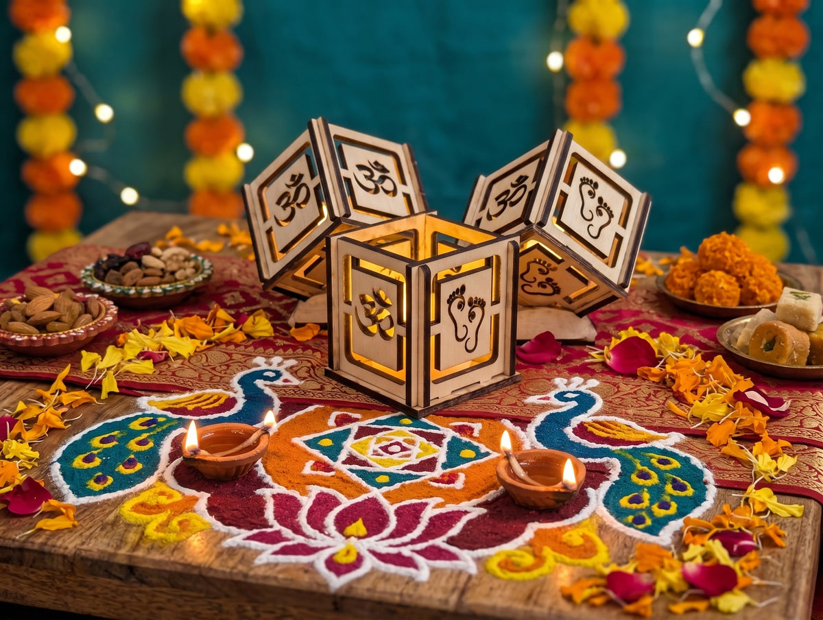 Handcrafted Diwali Tea Light Box – 2-Inch Wooden Cube with Spiritual Designs