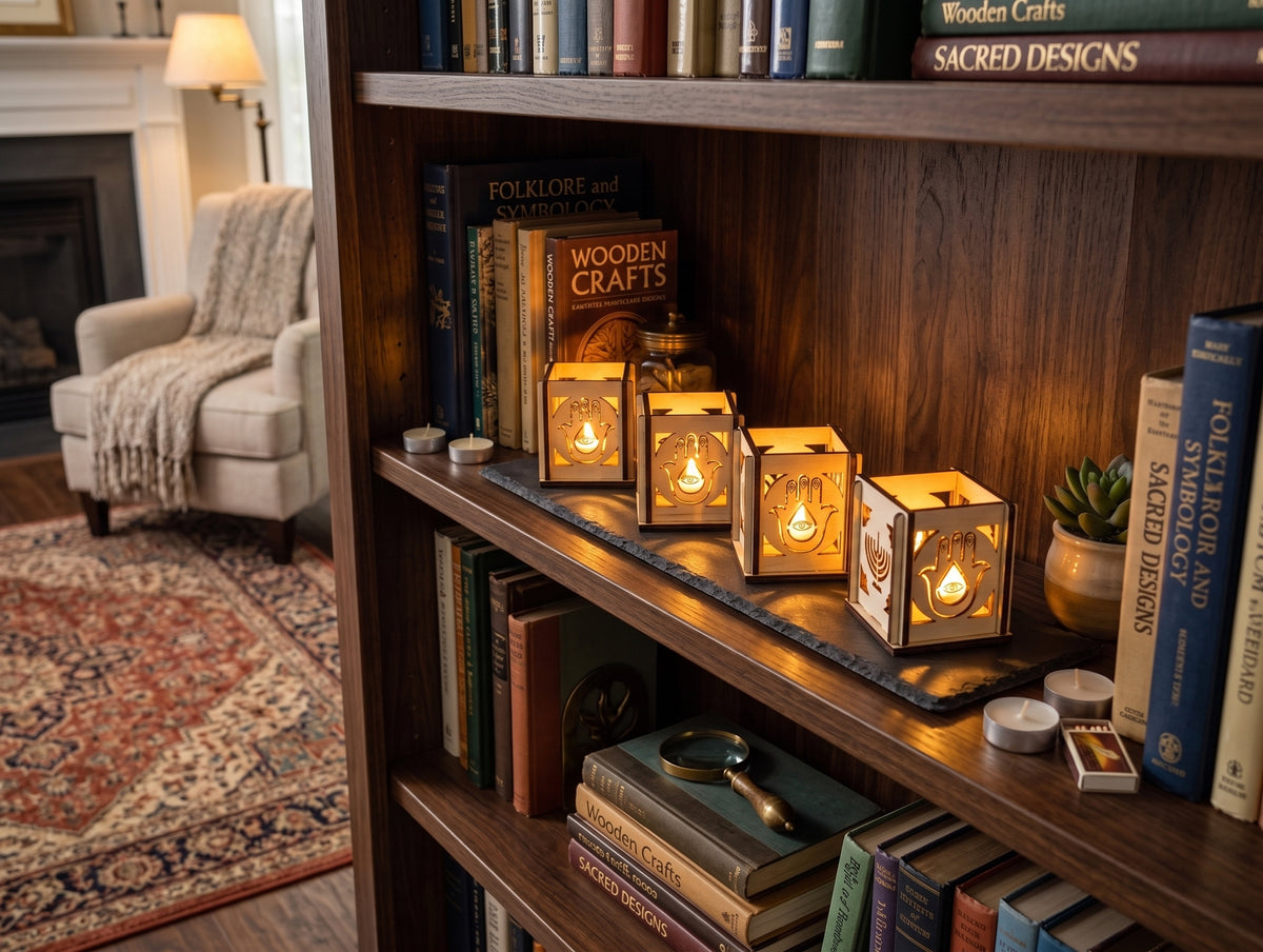 Jewish Holiday Tea Light Box – Handcrafted Cube with Traditional Symbol Carvings