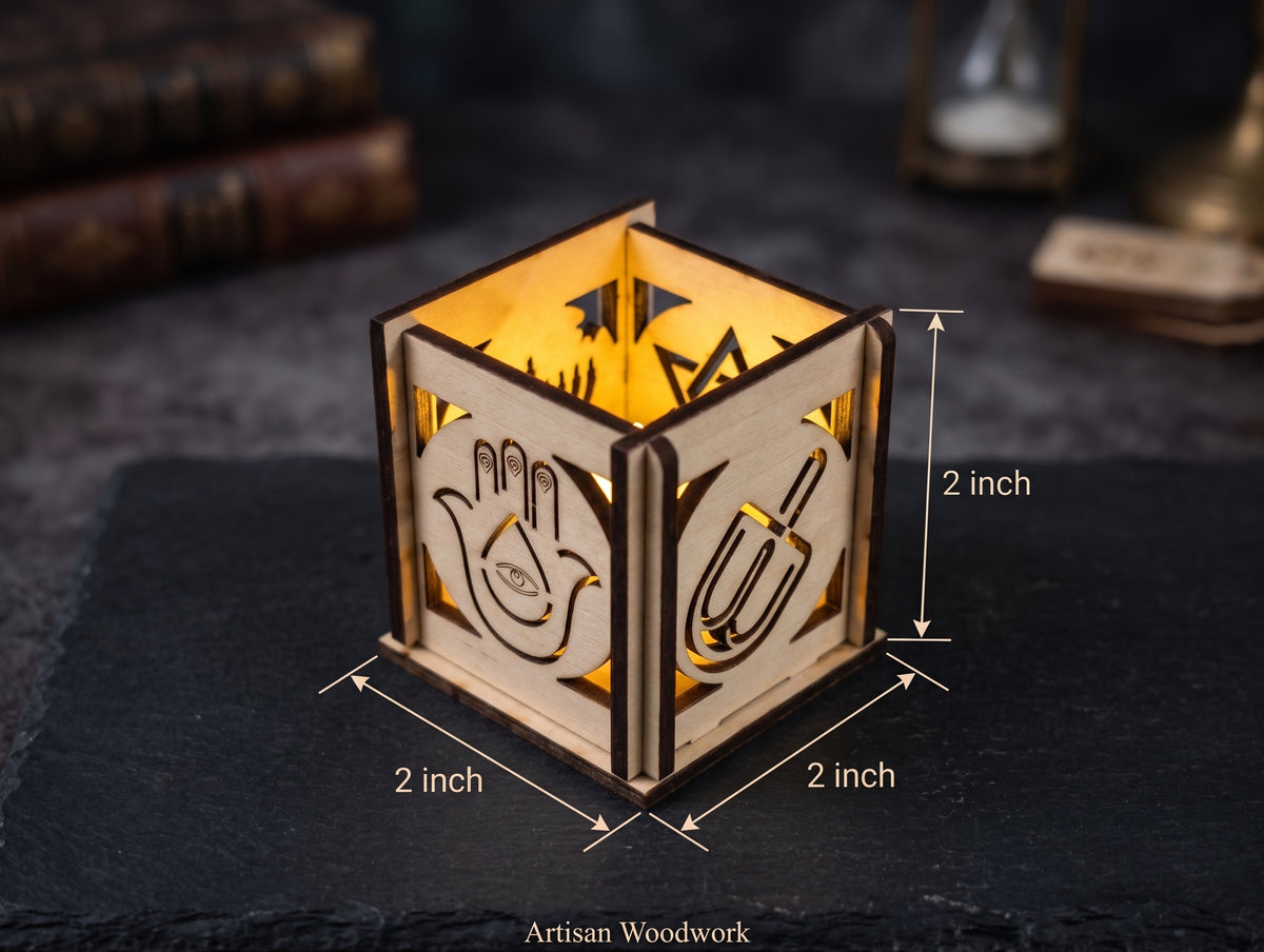 Jewish Holiday Tea Light Box – Handcrafted Cube with Traditional Symbol Carvings