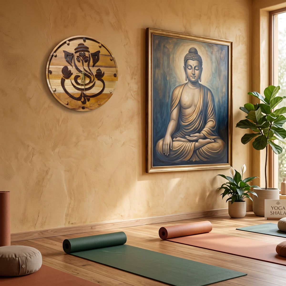 Timeless Blessings – Ganesh-Centered Wooden Wall Clock