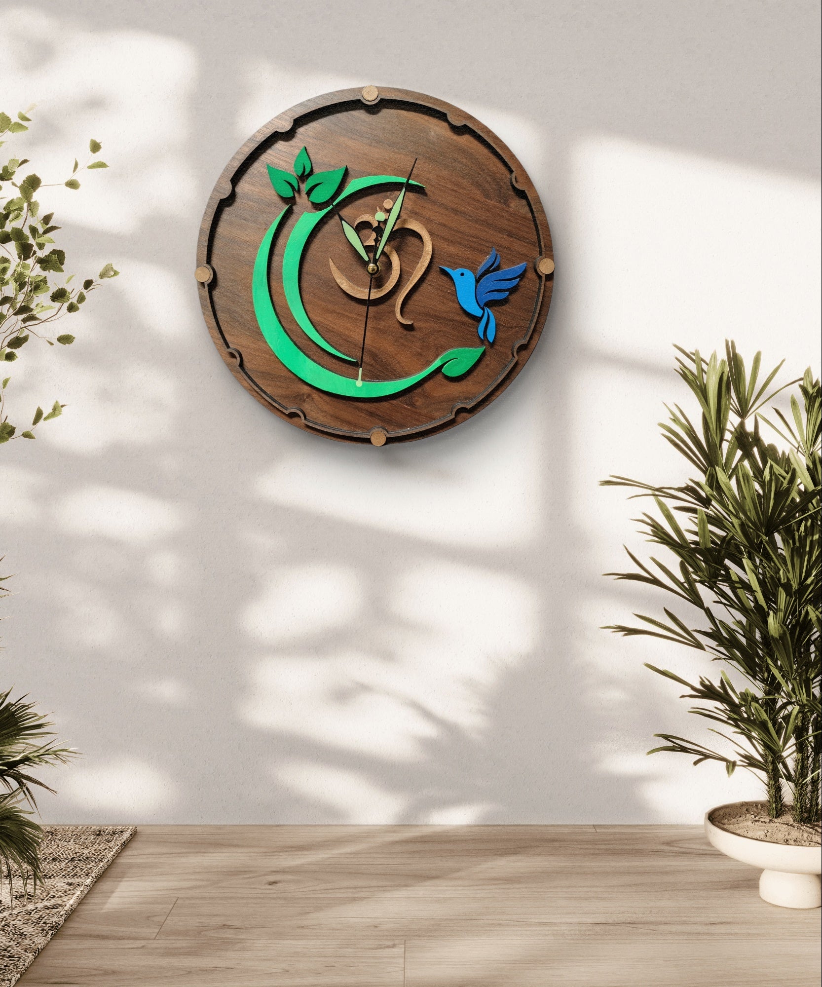 Spiritual Wooden Wall Clock – “Om & Bluebird in Harmony”