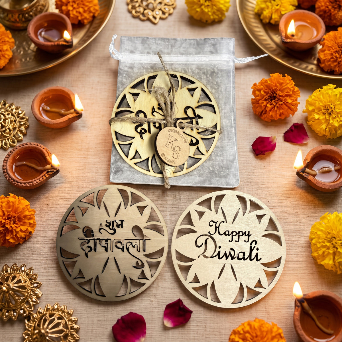 Premium Laser-Cut Wooden Diwali Coasters (3.5") – Festive Decor & Gift Set