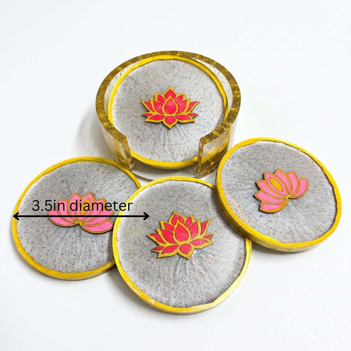 Elegant Lotus Flower Resin Coaster Set of 4 with Matching Holder (3.5")