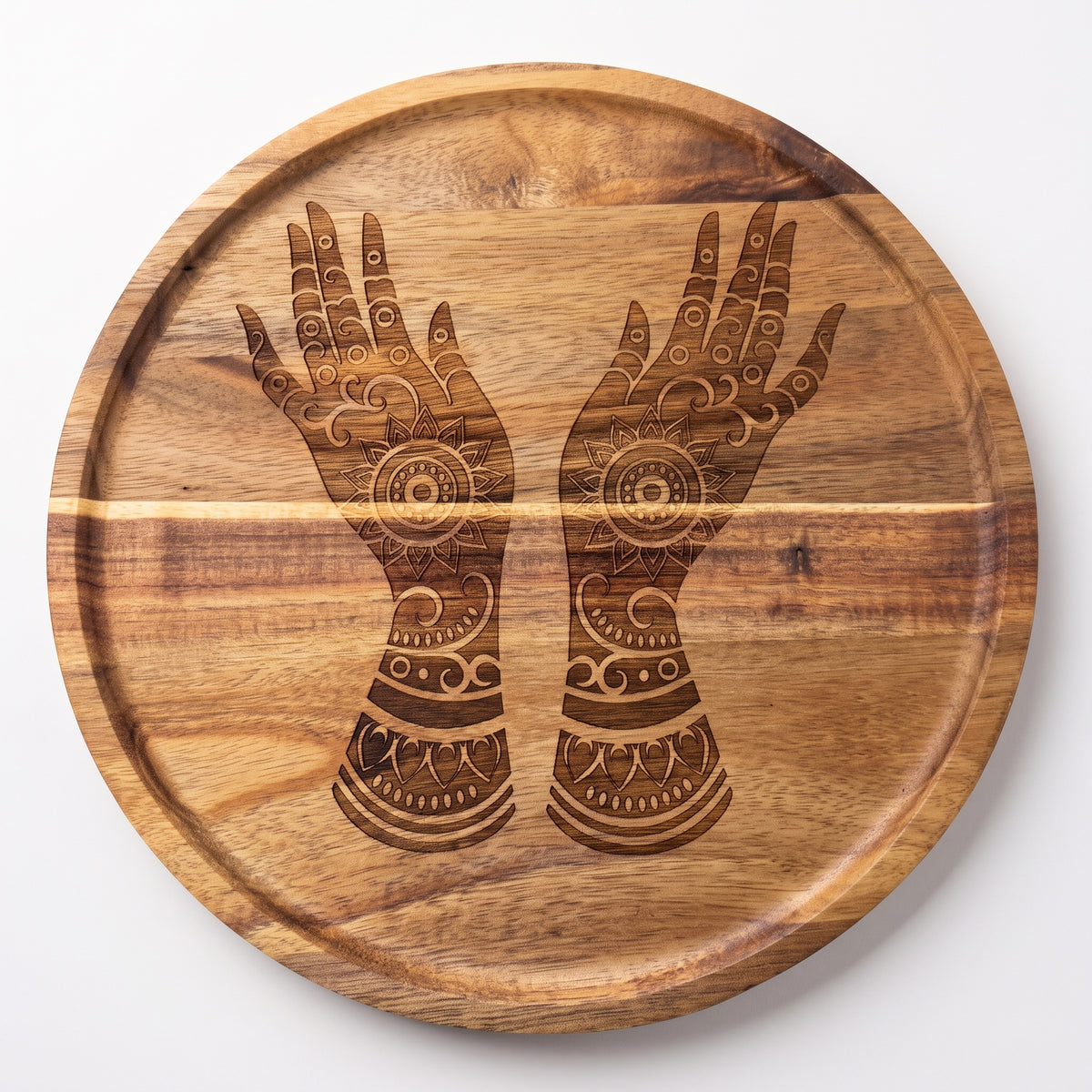 10" Hand-Engraved Wooden Diwali Serving Tray | Intricate Mehndi Art Platter