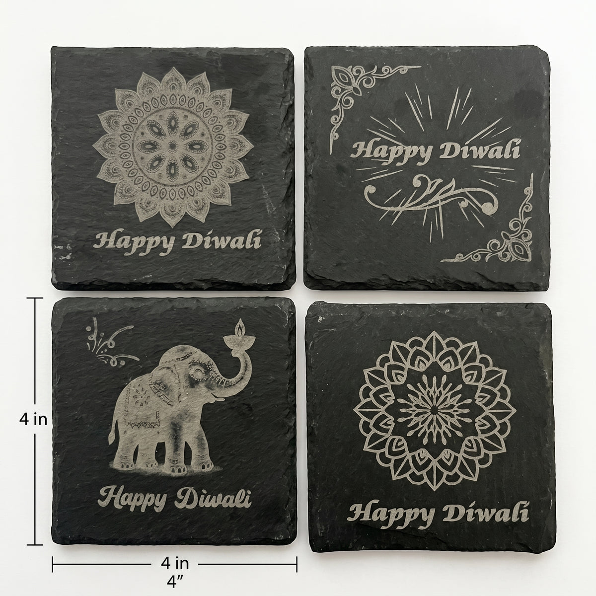 Handcrafted Slate Diwali Coasters – Set of 4 Engraved Designs