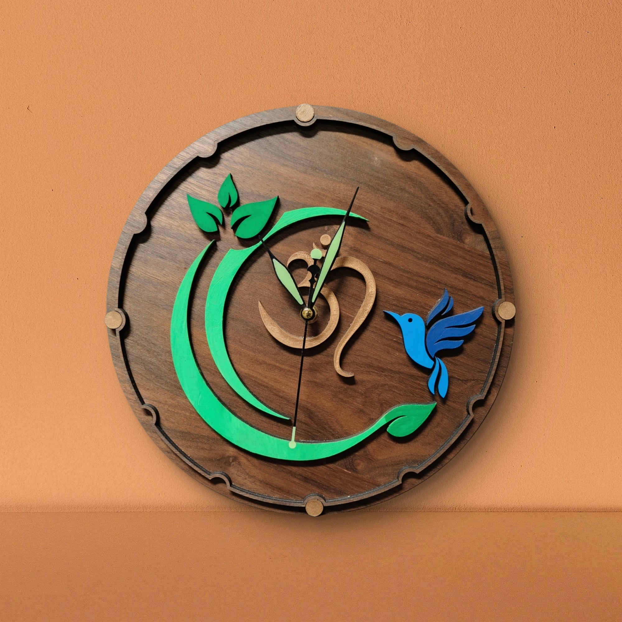 Spiritual Wooden Wall Clock – “Om & Bluebird in Harmony”