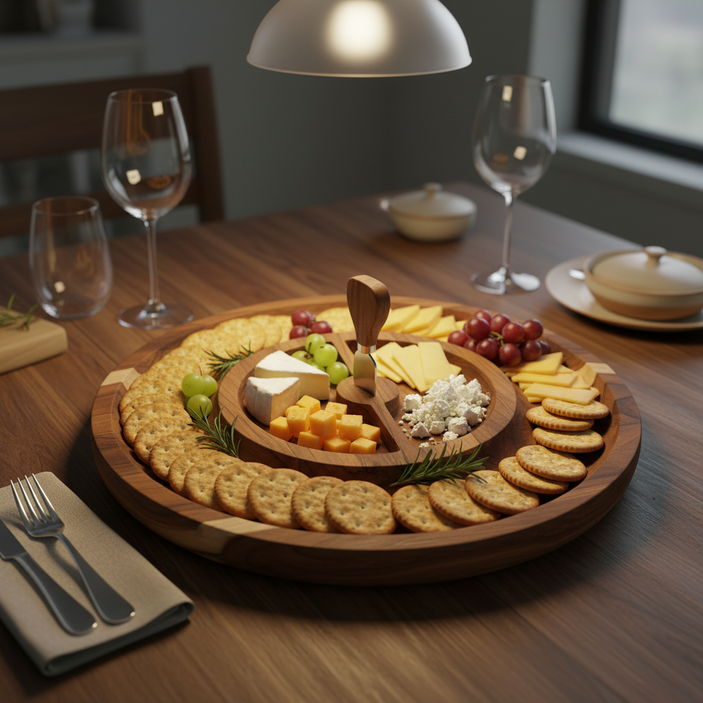15-inch Teak Wood Dual-Round Serving Tray, Engraving Included - USA Handmade (LSTRAY001)