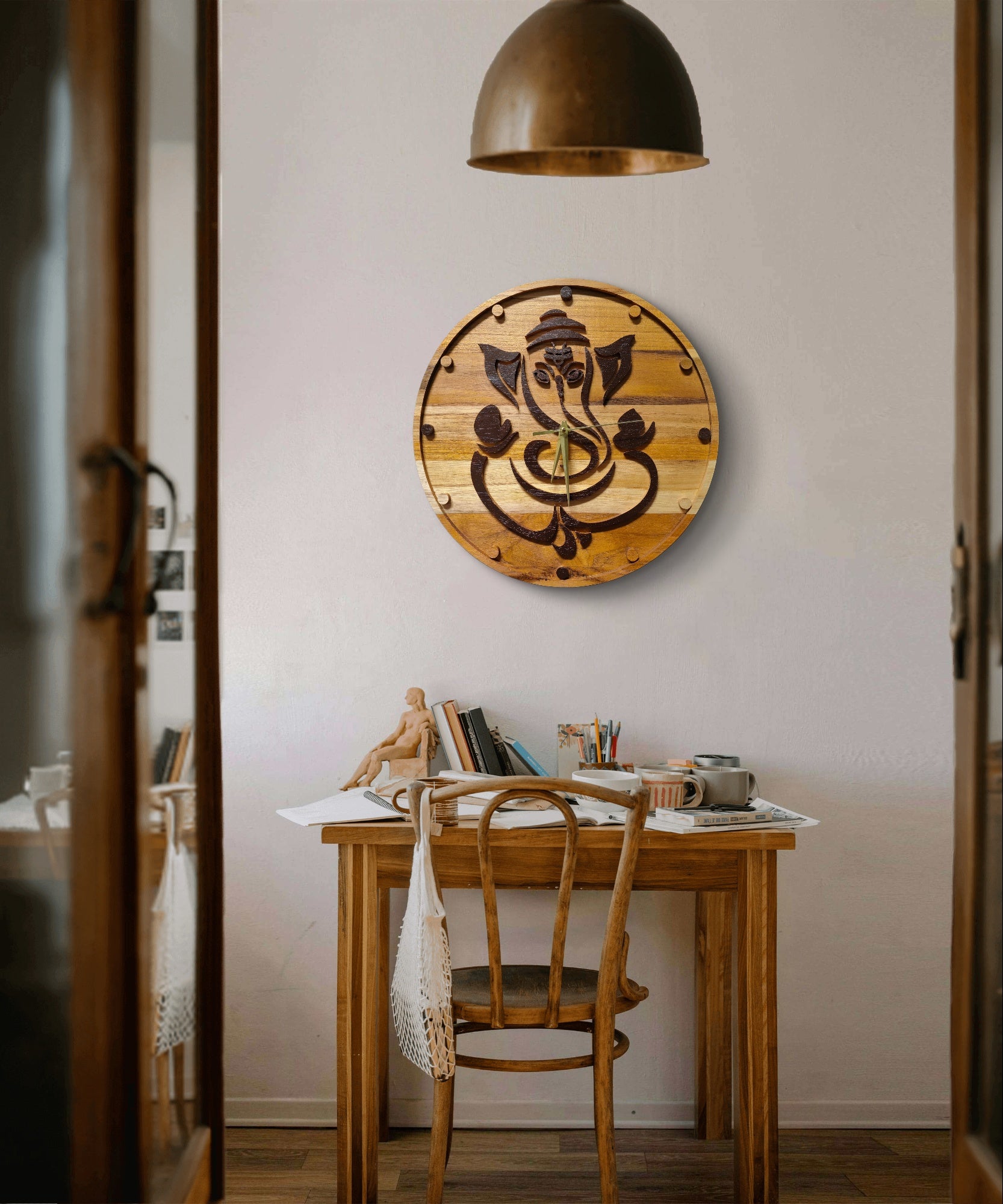 Timeless Blessings – Ganesh-Centered Wooden Wall Clock