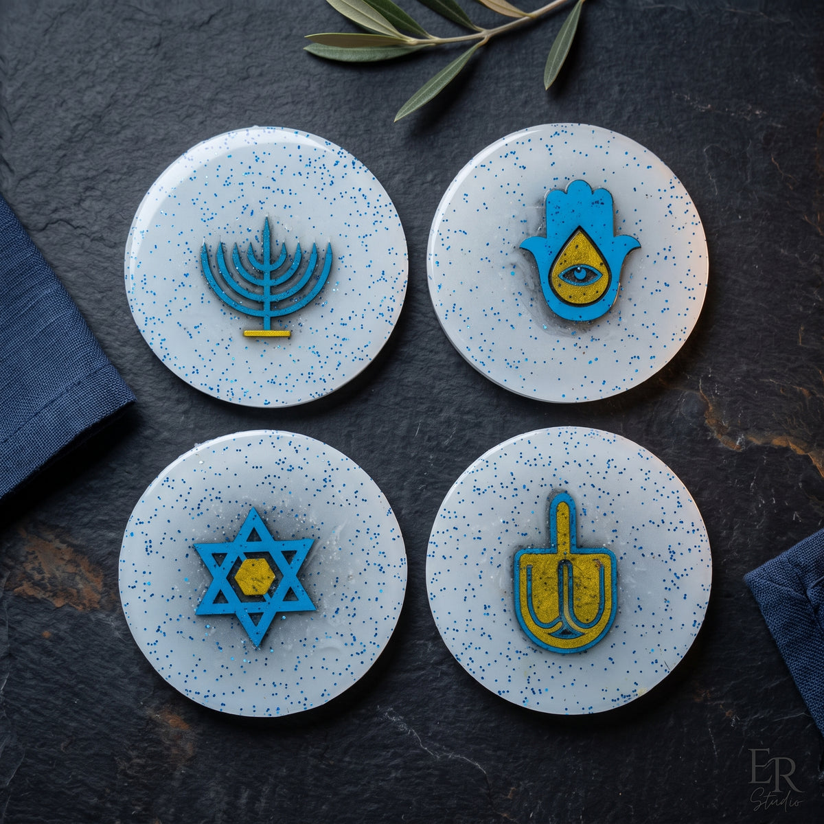 Handmade Jewish Symbolic Resin Coasters – Set of 4 | Hanukkah Decor, Judaica Gift & Holiday Tableware