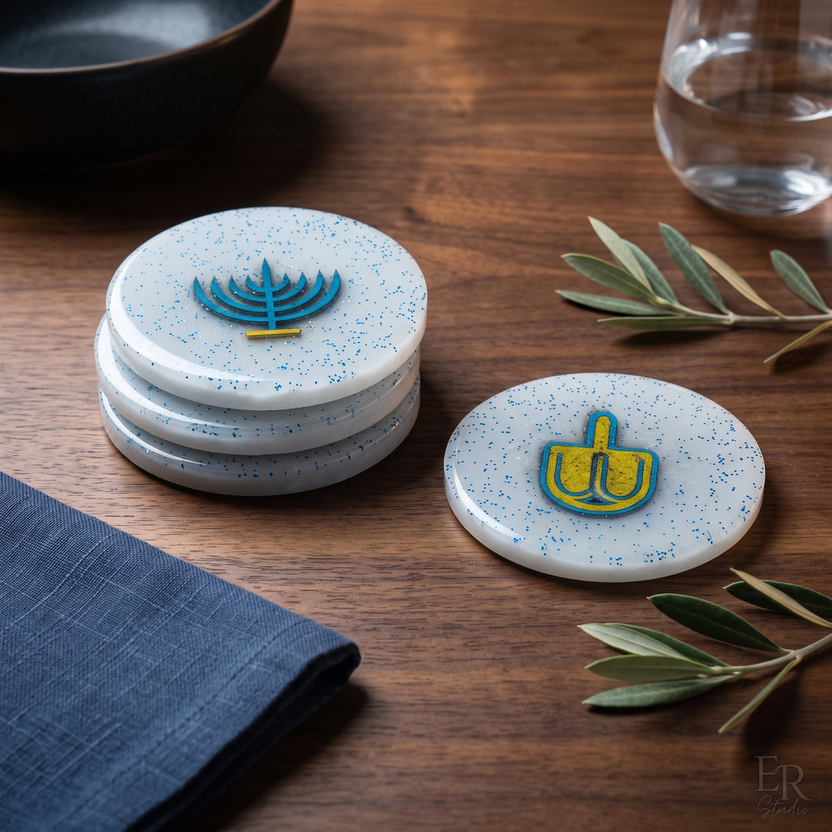Handmade Jewish Symbolic Resin Coasters – Set of 4 | Hanukkah Decor, Judaica Gift & Holiday Tableware