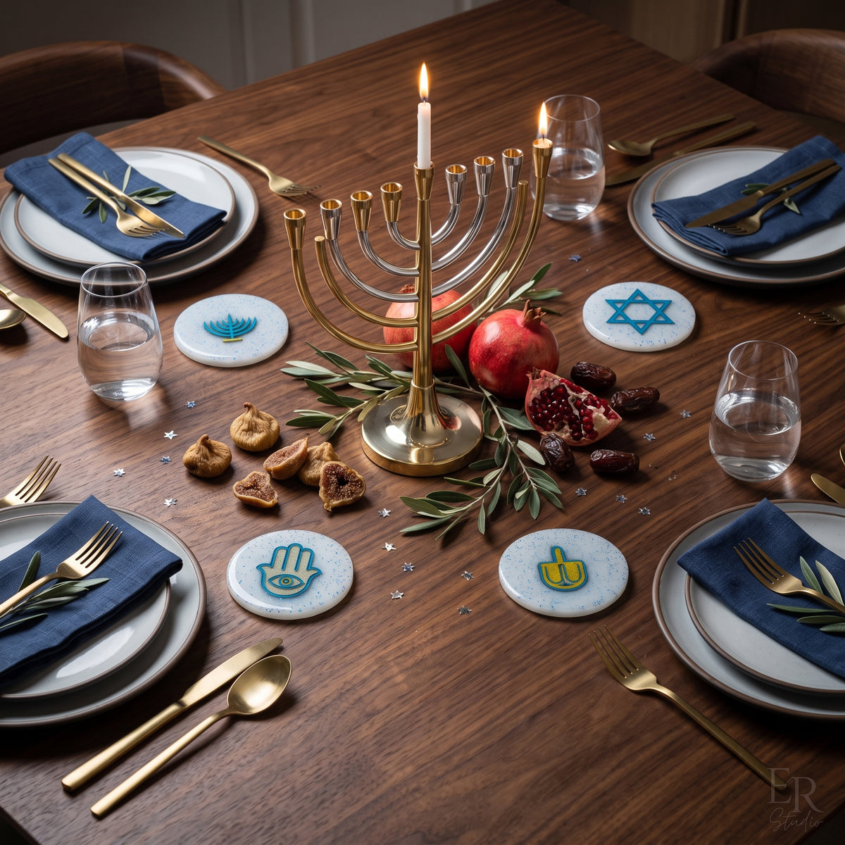 Handmade Jewish Symbolic Resin Coasters – Set of 4 | Hanukkah Decor, Judaica Gift & Holiday Tableware
