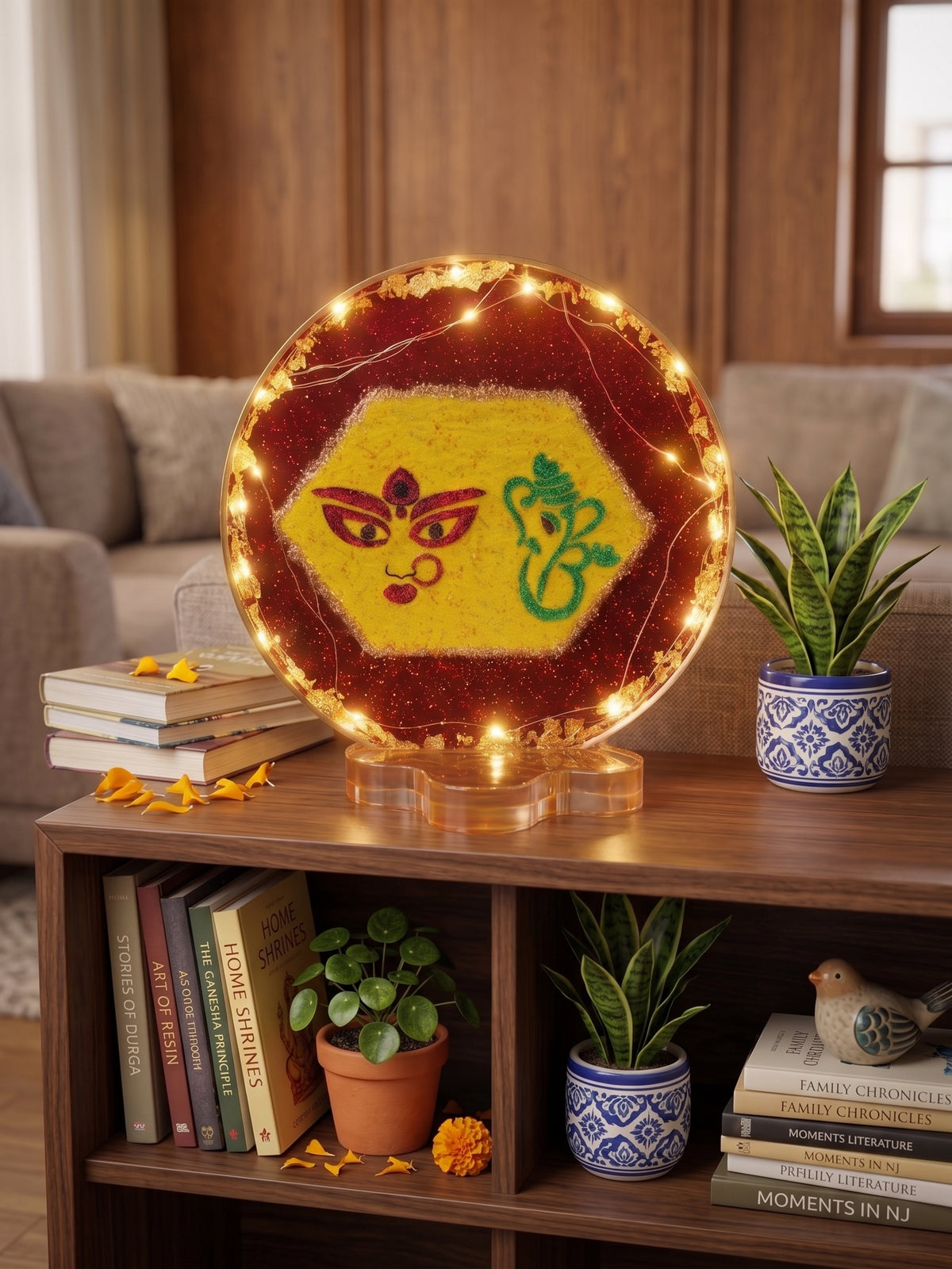 Light-Up Lakshmi Ganesha Epoxy Resin Display | LED Mandir Decor