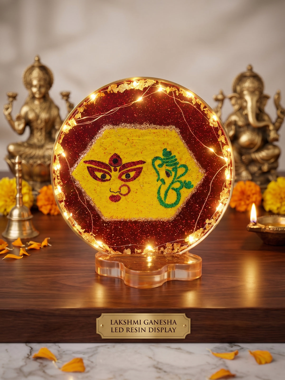 Light-Up Lakshmi Ganesha Epoxy Resin Display | LED Mandir Decor