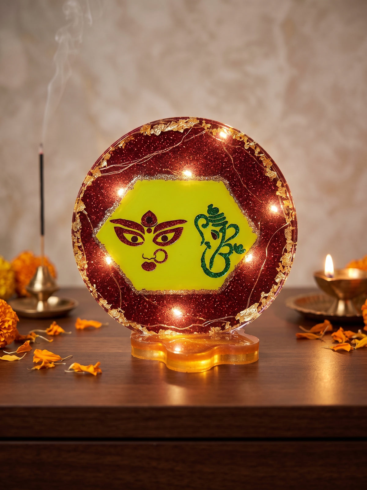 Light-Up Lakshmi Ganesha Epoxy Resin Display | LED Mandir Decor