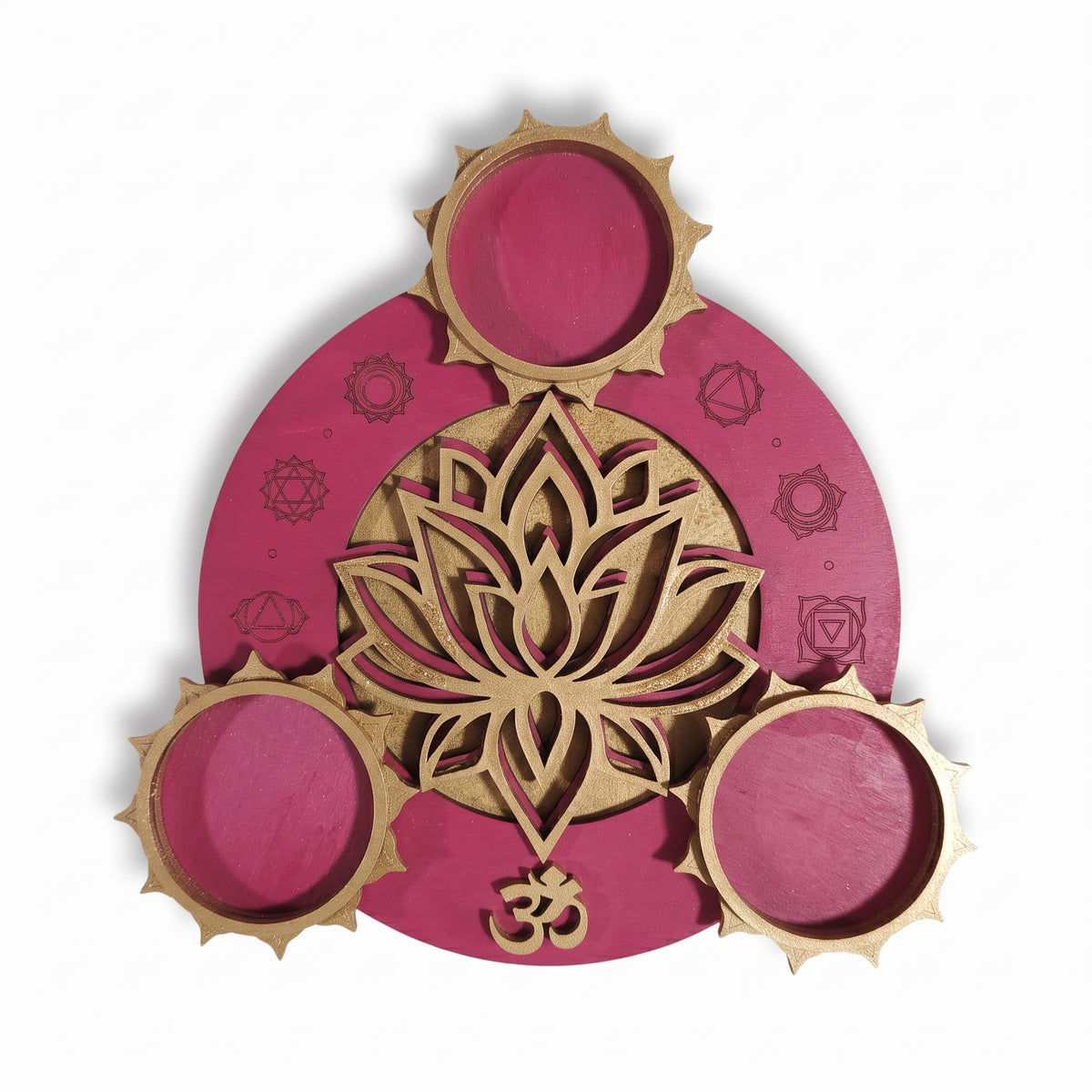 Handmade Wooden Diwali 3-Tealight Holder - Lotus & OM Mandala, Orange & Gold