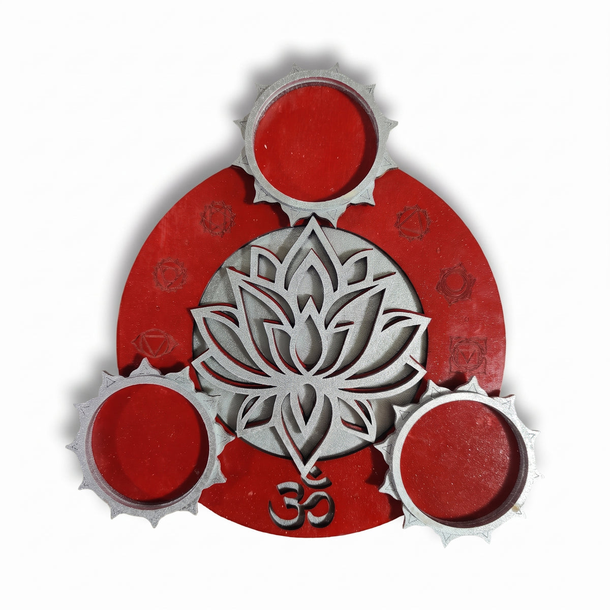 Handmade Wooden Diwali 3-Tealight Holder - Lotus & OM Mandala, Orange & Gold