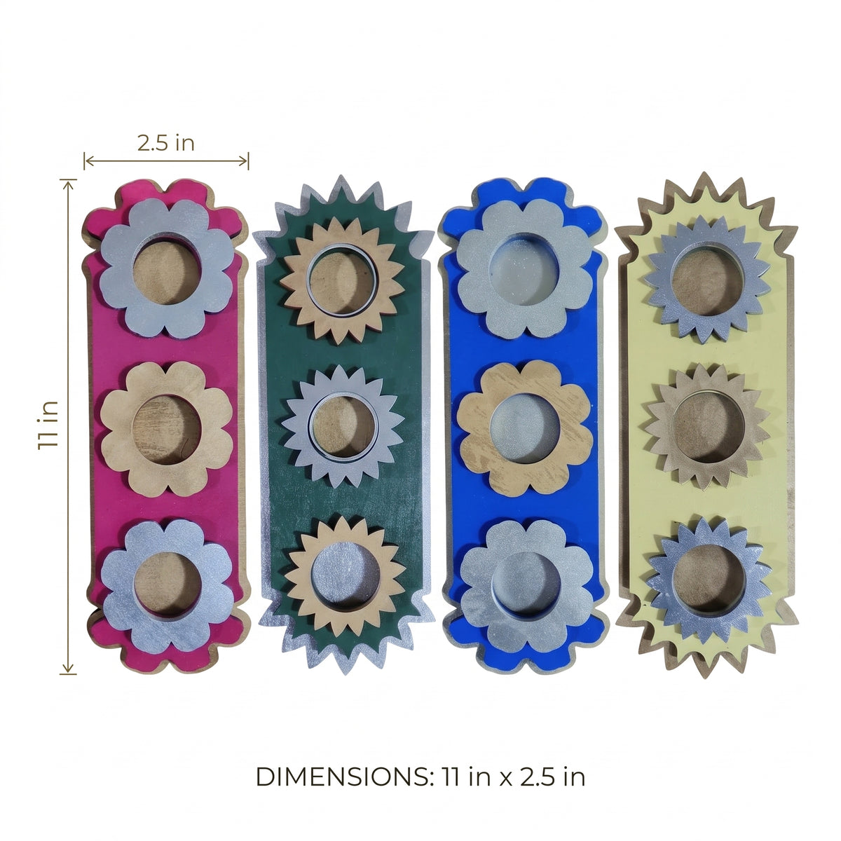 Handcrafted Diwali Tea-Light Holder Set of 4 – Vibrant Floral Table Decor (11" x 2.5")