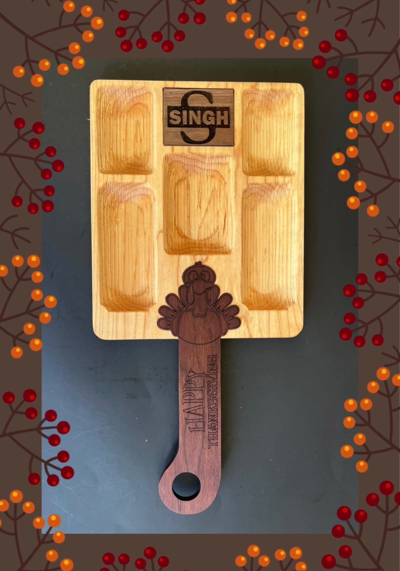 Handmade Thanksgiving Serving Tray with Turkey themed handle (laser engraving available)