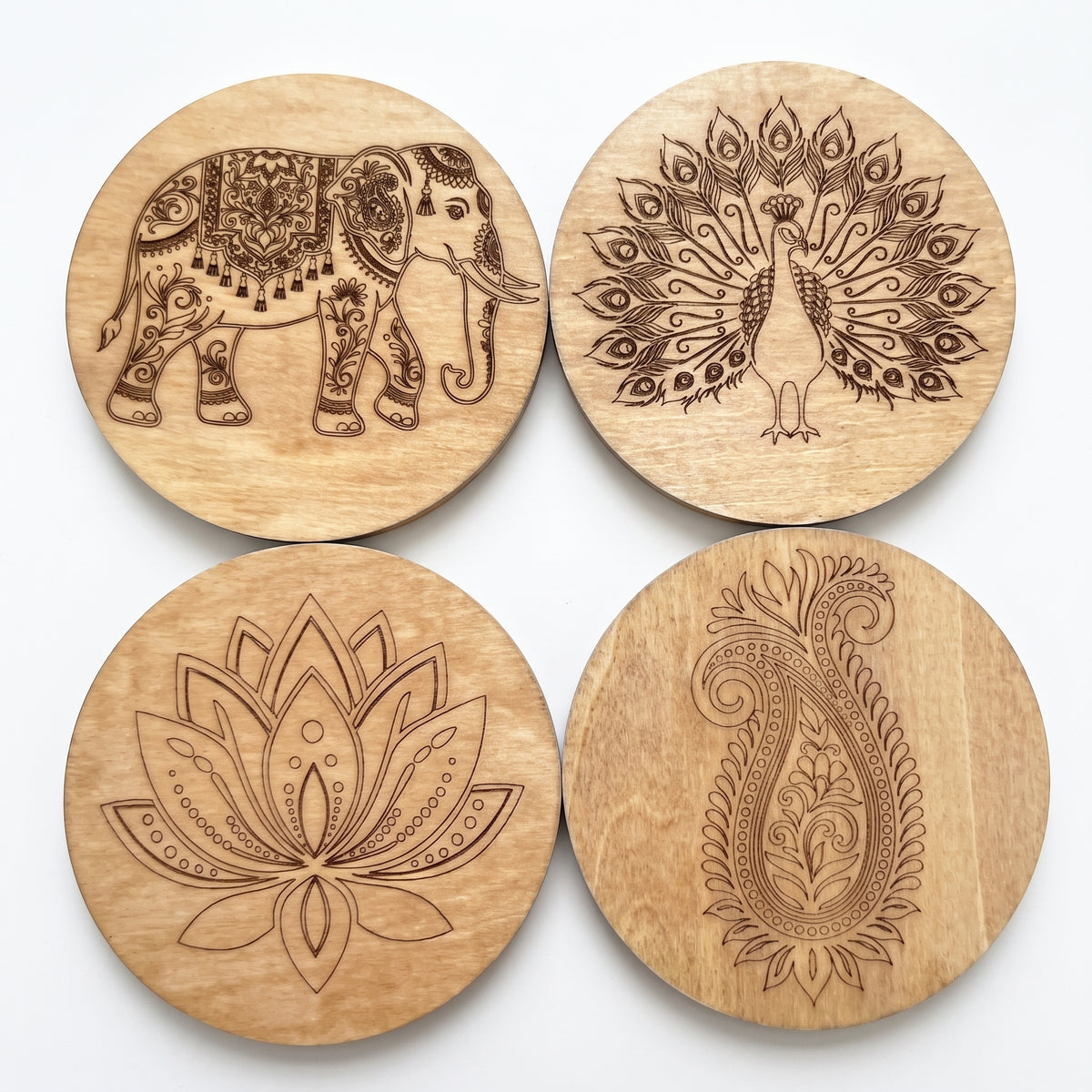 Diwali Engraved Wooden Coasters - Set of 4
