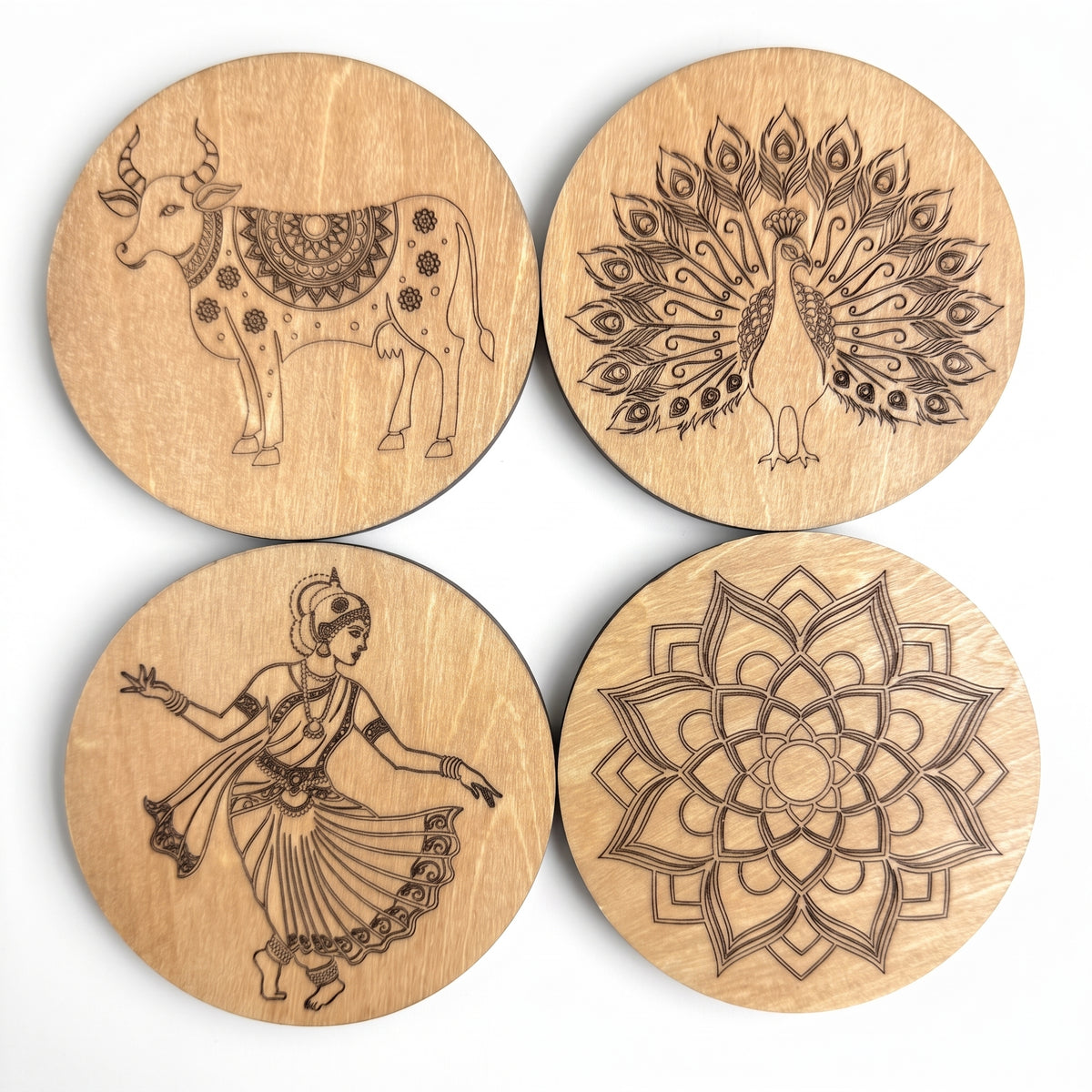 Diwali Engraved Wooden Coasters - Set of 4