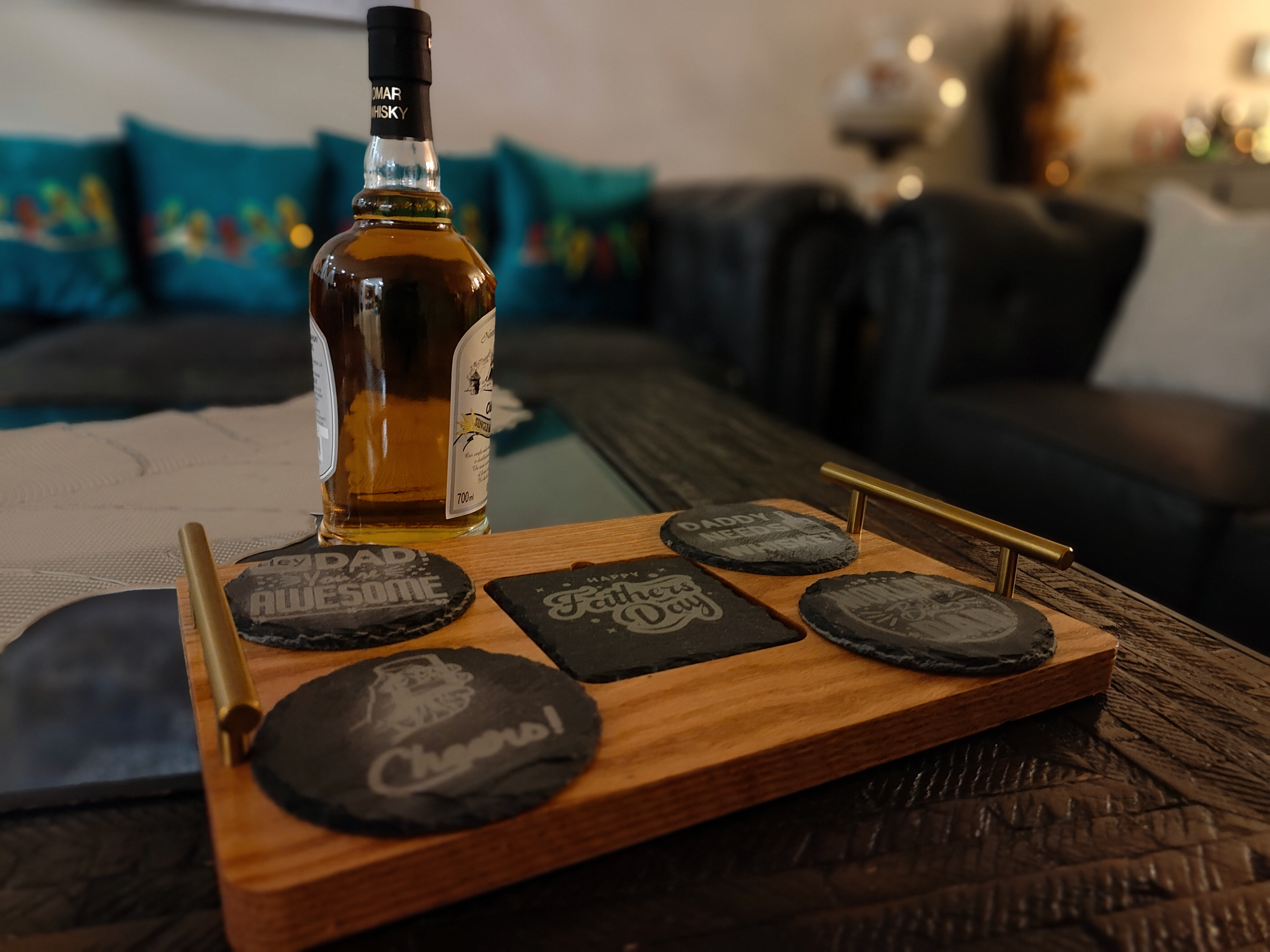 Father's Day themed Drinks Serving Tray with 5 engraved slate coasters